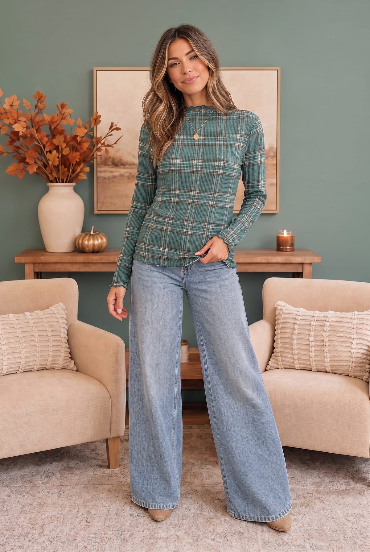 Plaid About You Mock Neck in Hunter Green - Charming Charlie