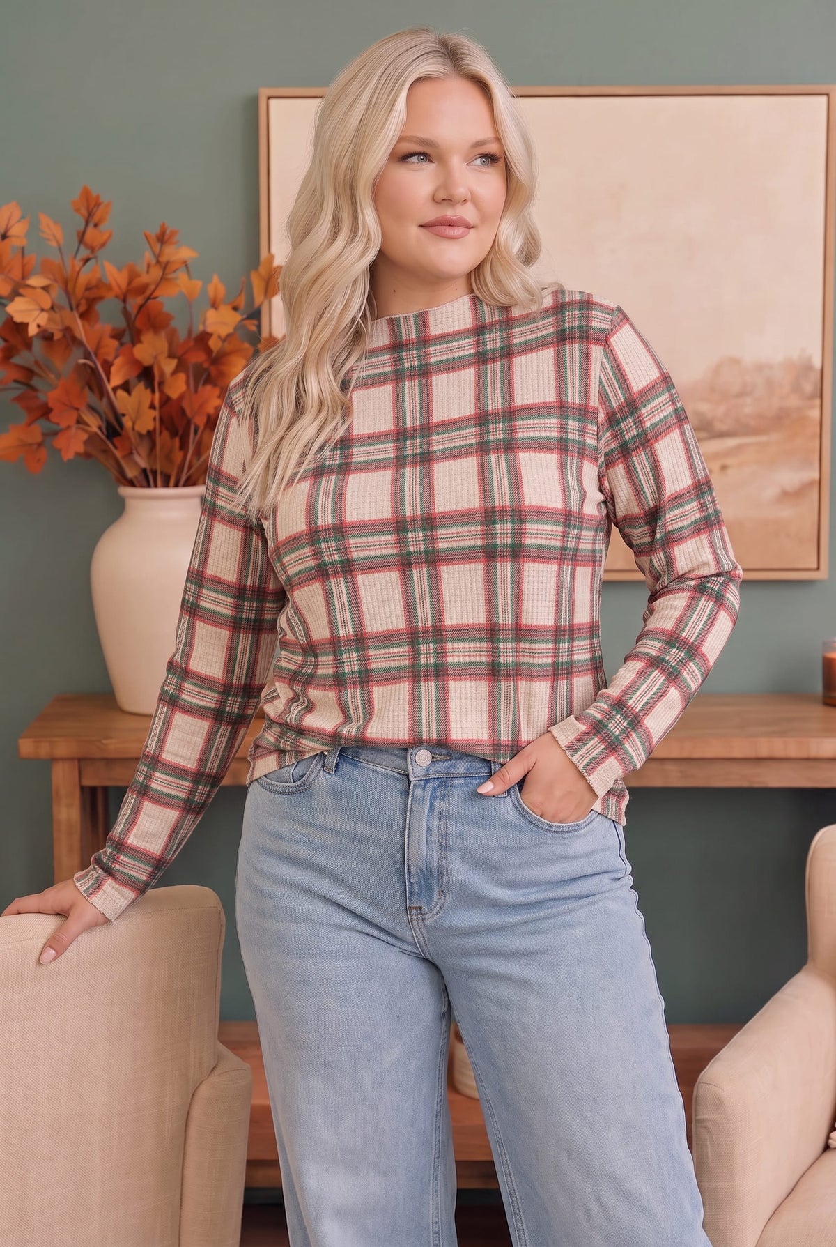 Plaid About You Mock Neck in Ivory - Charming Charlie