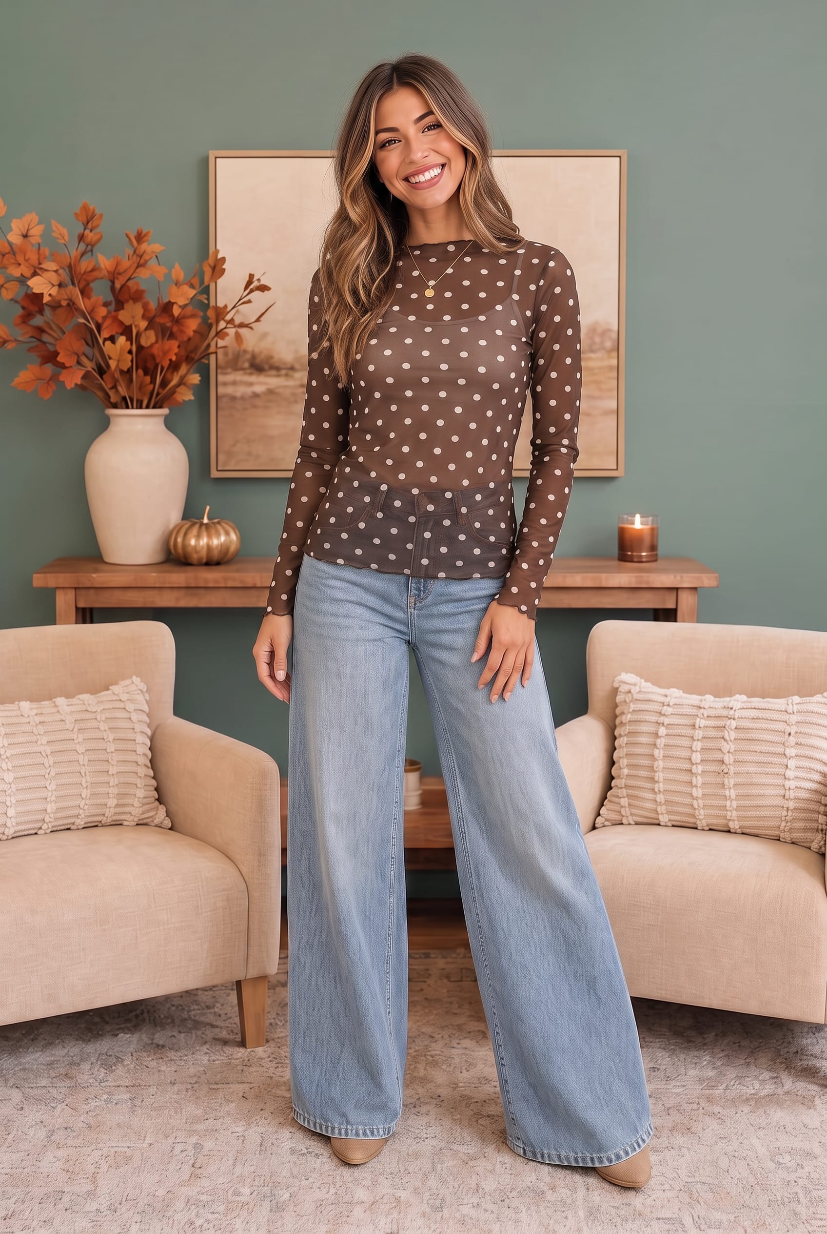 Dotted Dreams Sheer Mesh Mock Neck Top - Charming Charlie