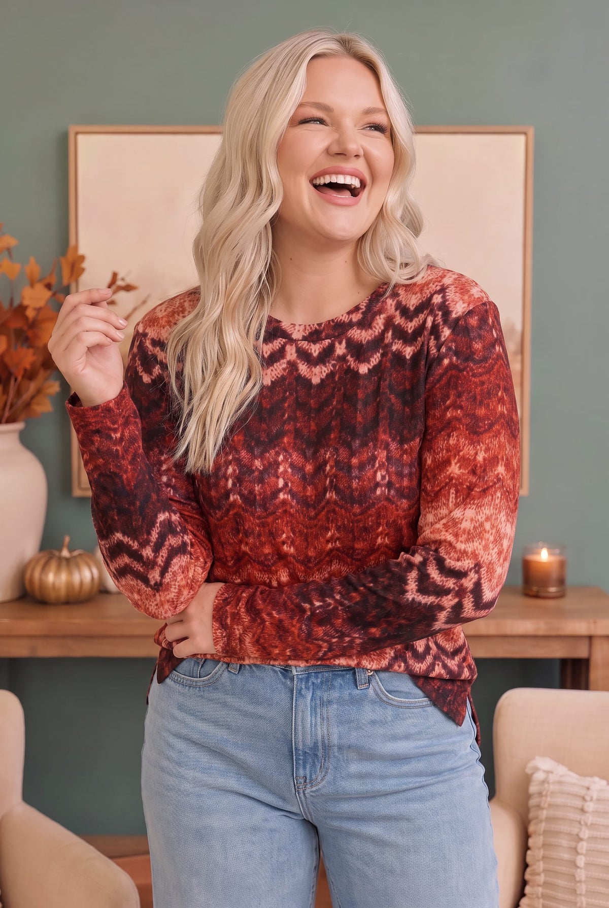 Zigzag Into Fall Burgundy Long Sleeve Top - Charming Charlie