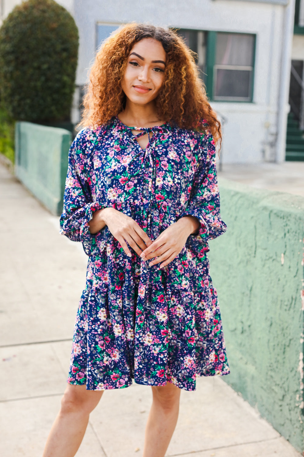 Feeling Joyful Navy Floral Bow Tie Babydoll Long Ruffle Sleeve Dress - Charming Charlie