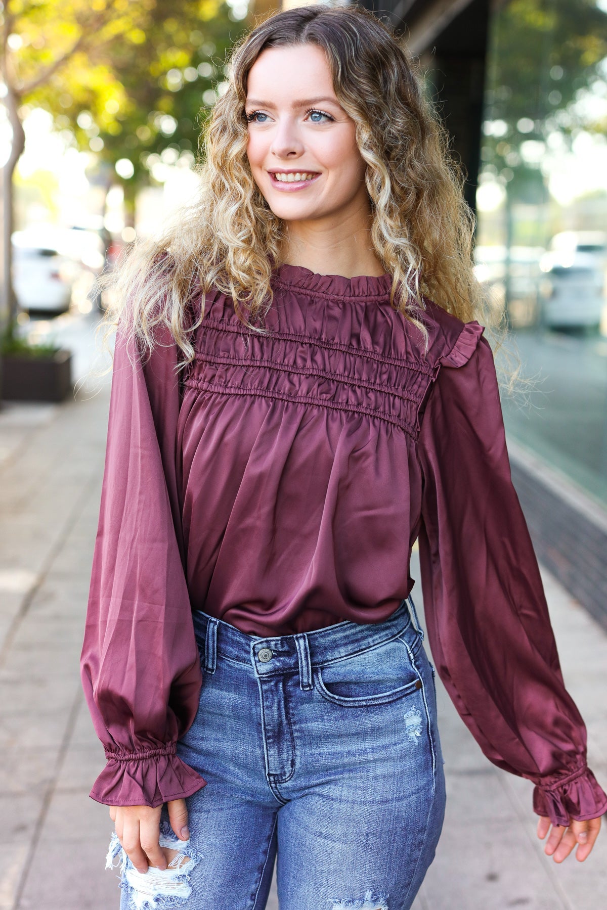 Be Your Best Wine Satin Shirred Yoke Frilled Mock Neck Top - Charming Charlie