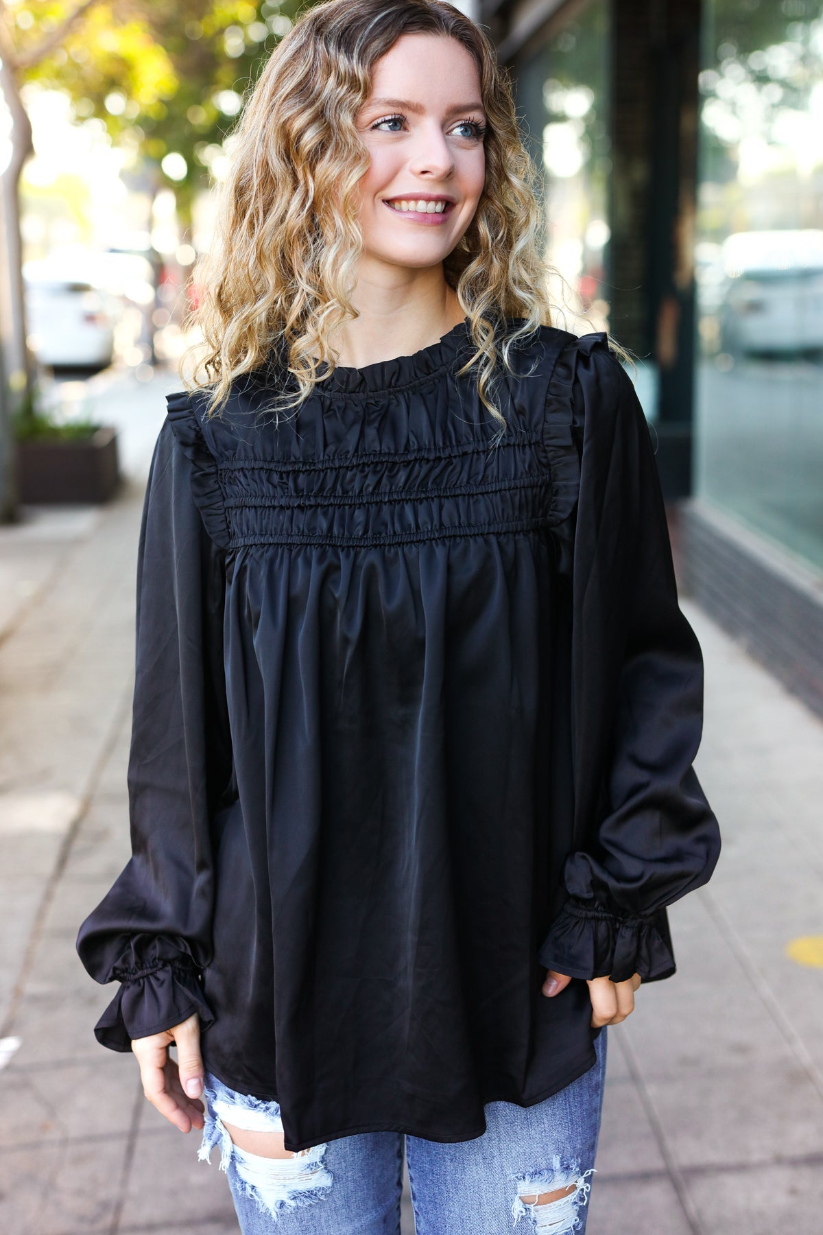 Be Your Best Black Satin Shirred Yoke Frilled Mock Neck Top - Charming Charlie