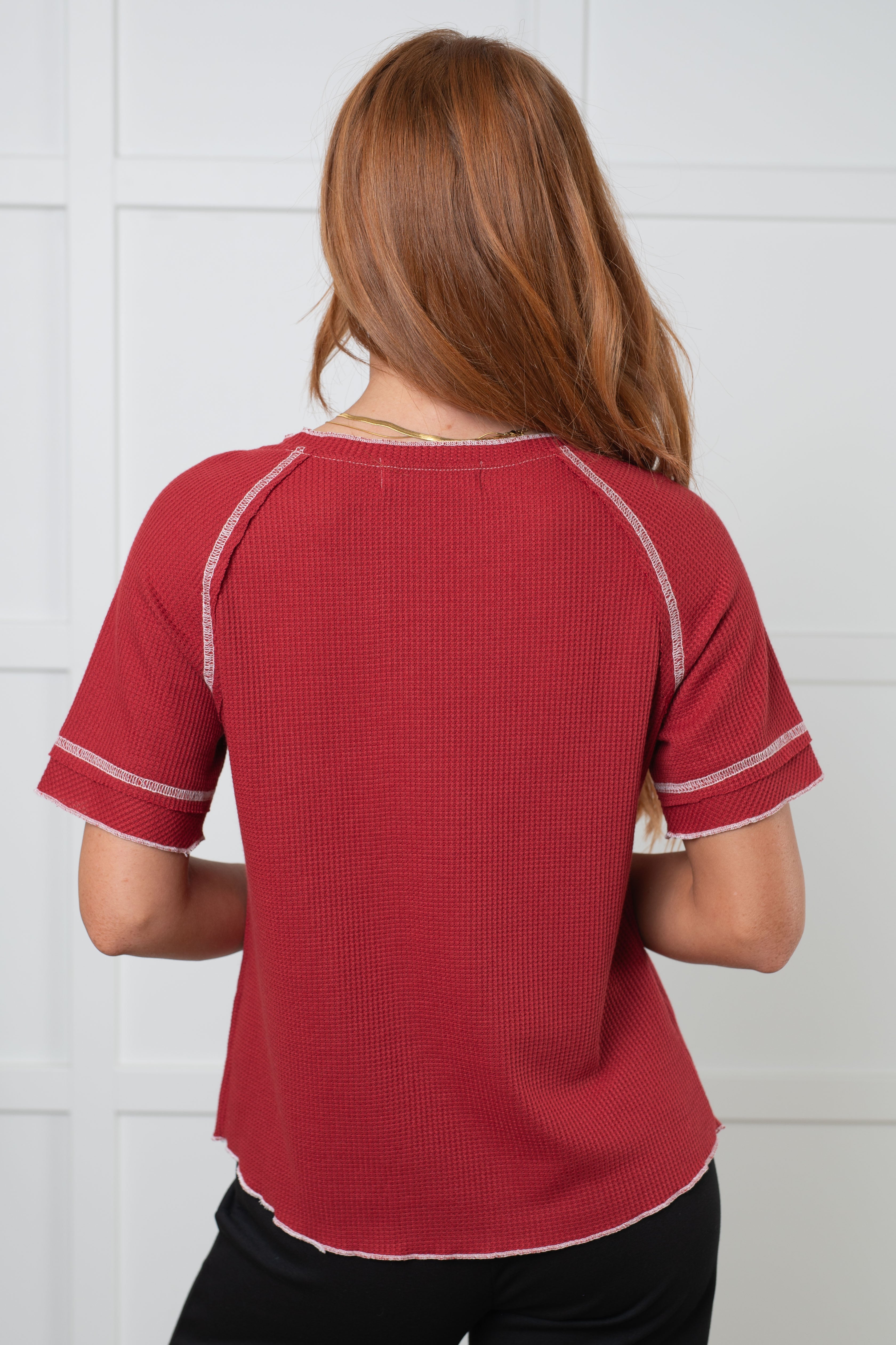 Heartbreaker Waffle Knit Tee in Cranberry - Charming Charlie