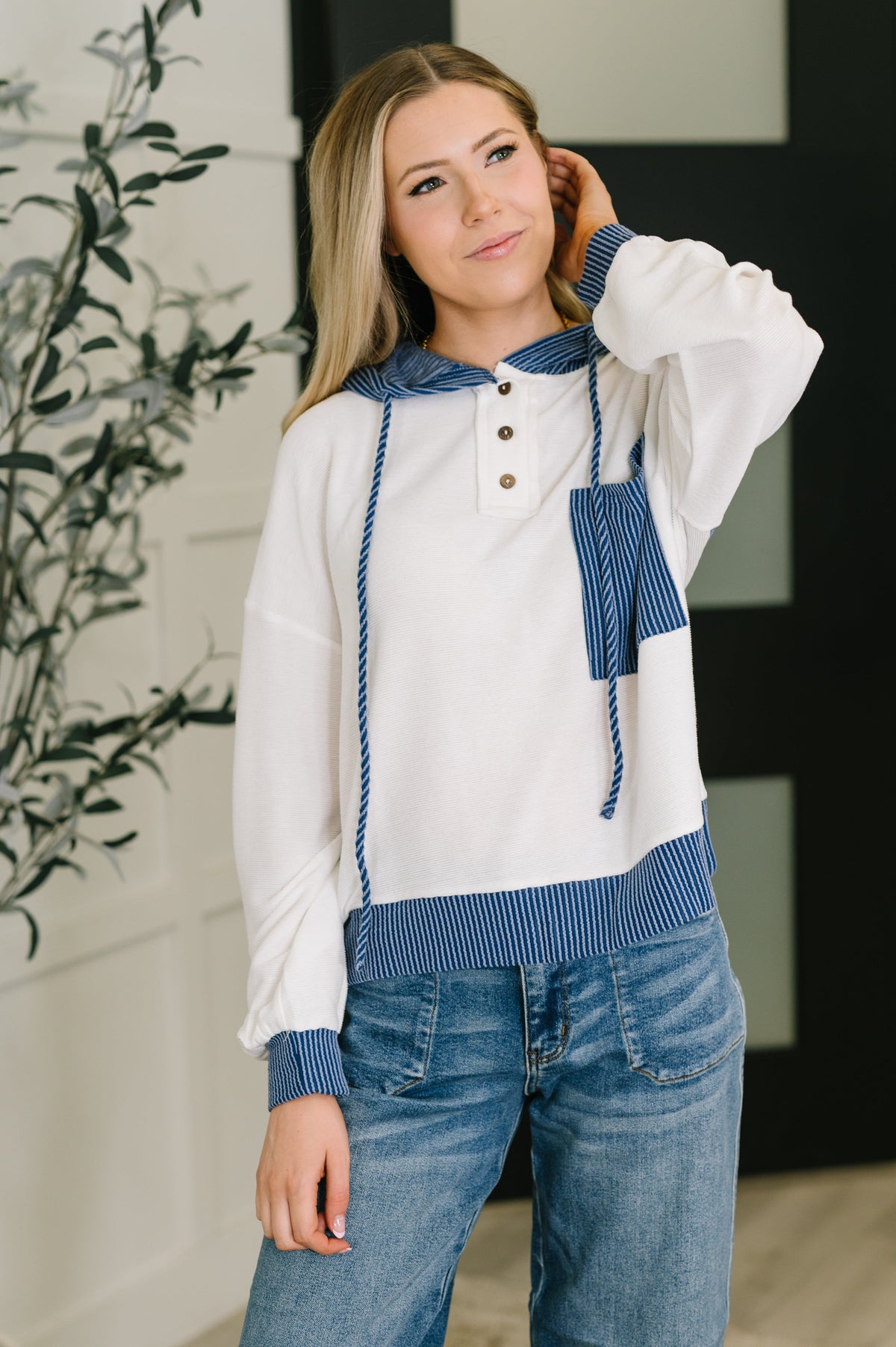 Here for Now Color Block Hoodie in Blue - Charming Charlie