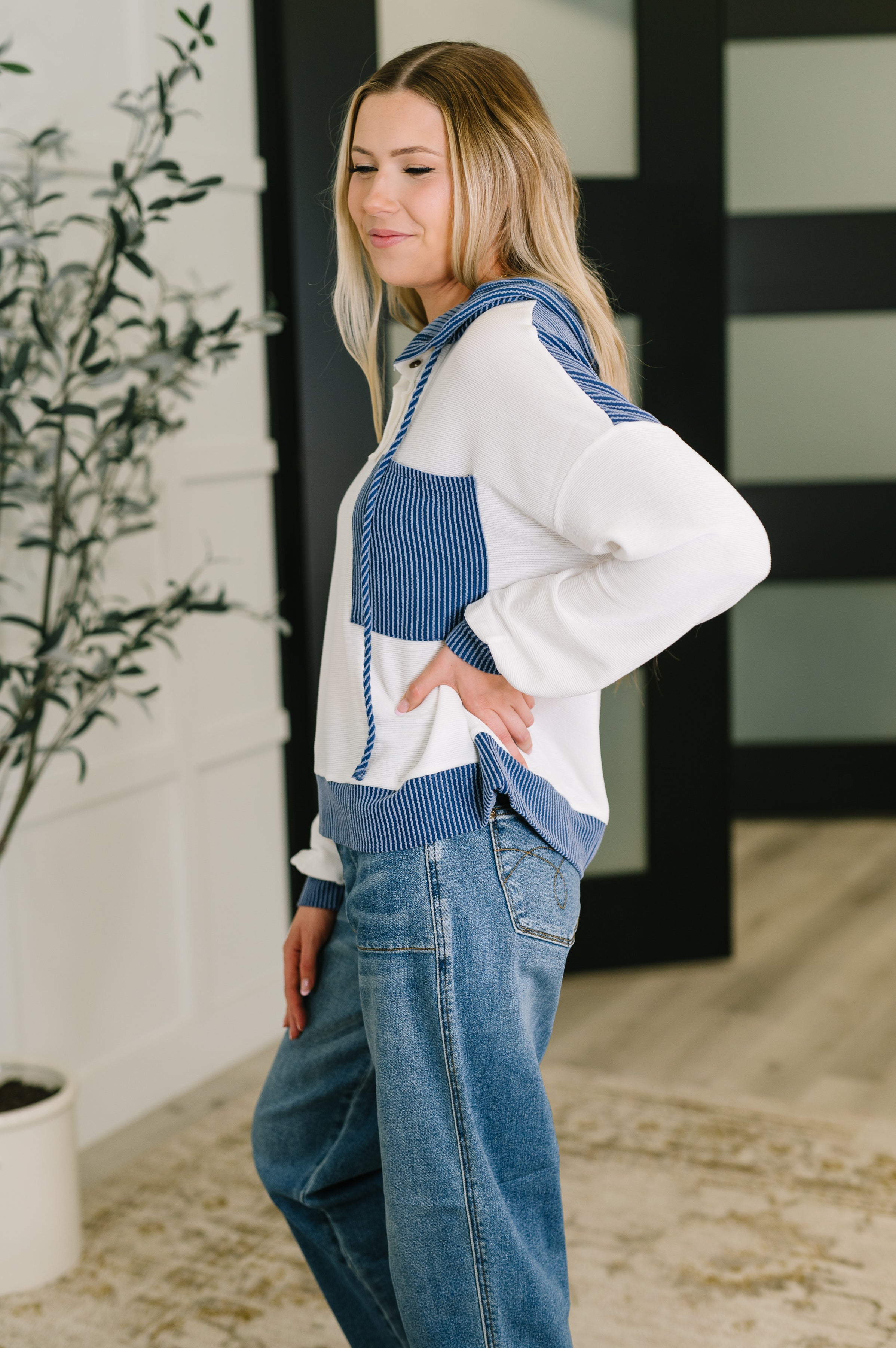 Here for Now Color Block Hoodie in Blue - Charming Charlie