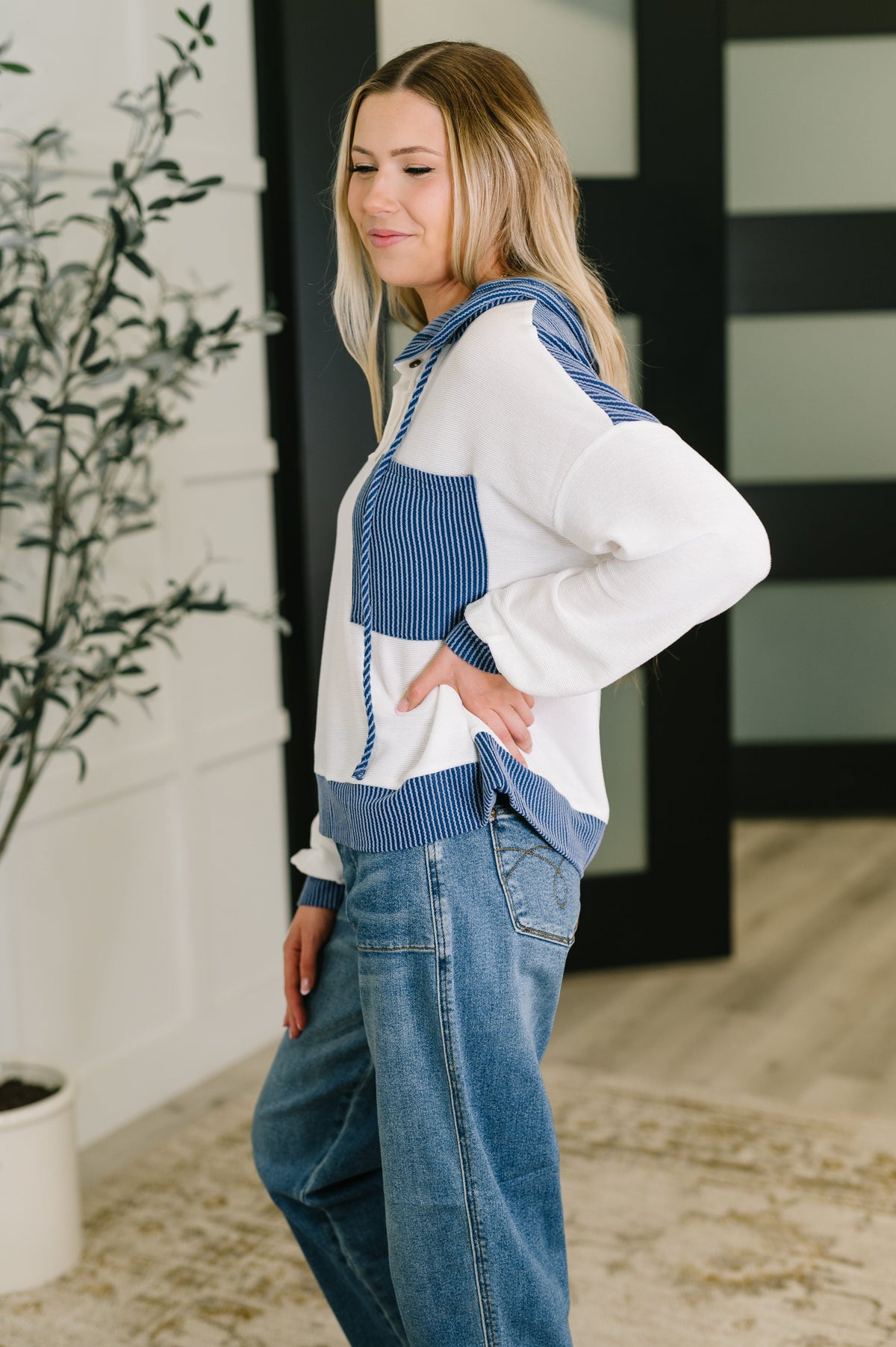 Here for Now Color Block Hoodie in Blue - Charming Charlie