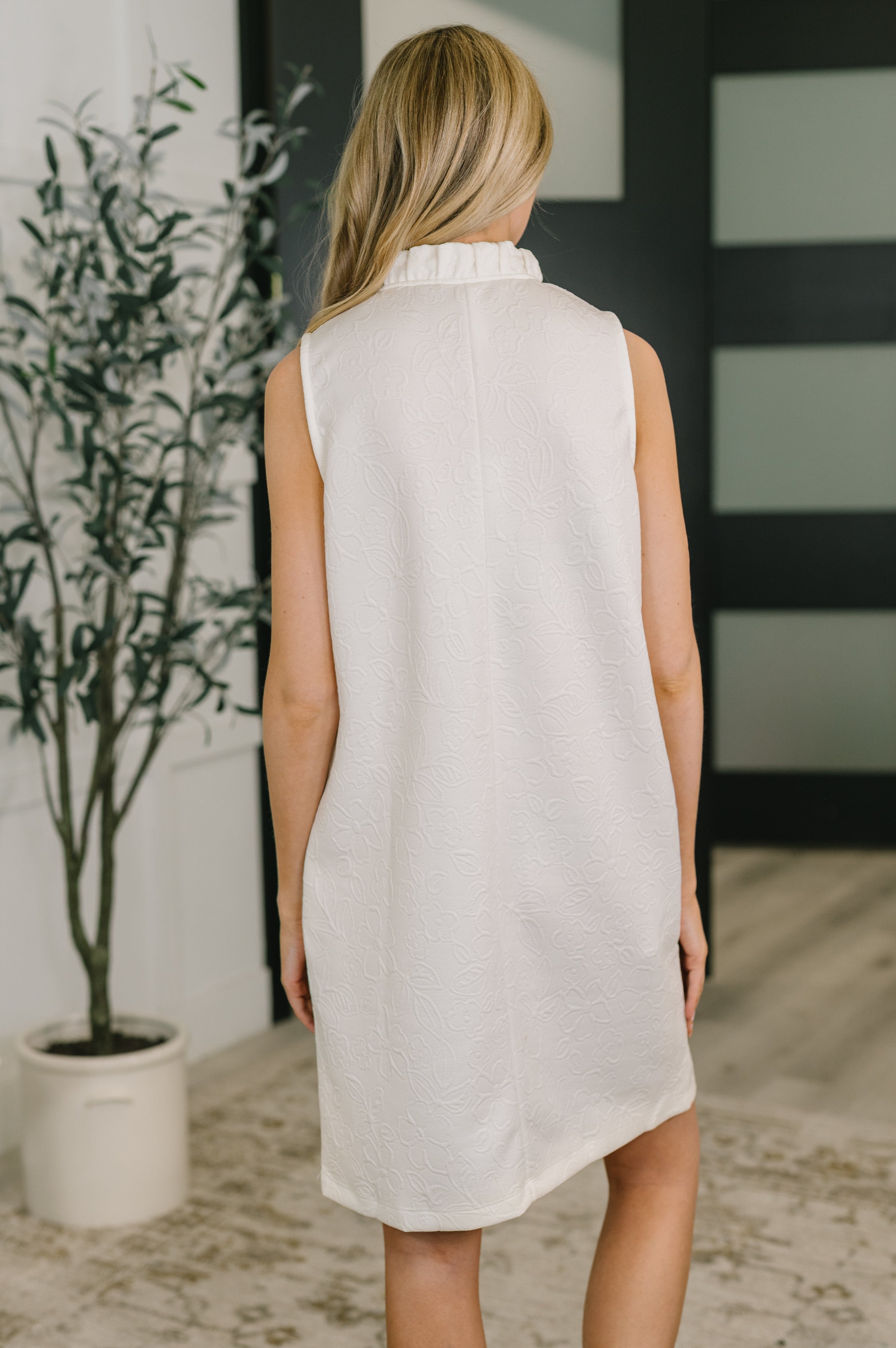 High Tide High Neck Embossed Sleeveless Dress in Off White - Charming Charlie