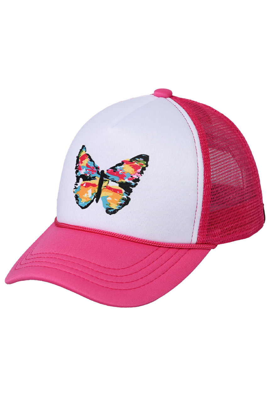 Hot Pink C.C Hand-Painted Abstract Butterfly Trucker Cap features a beautiful and unique hand-painted butterfly design that adds a touch of art to your wardrobe. Made with high-quality materials, it provides both style and comfort. Elevate your fashion with this statement piece while protecting yourself from the sun with its trucker-style design.
