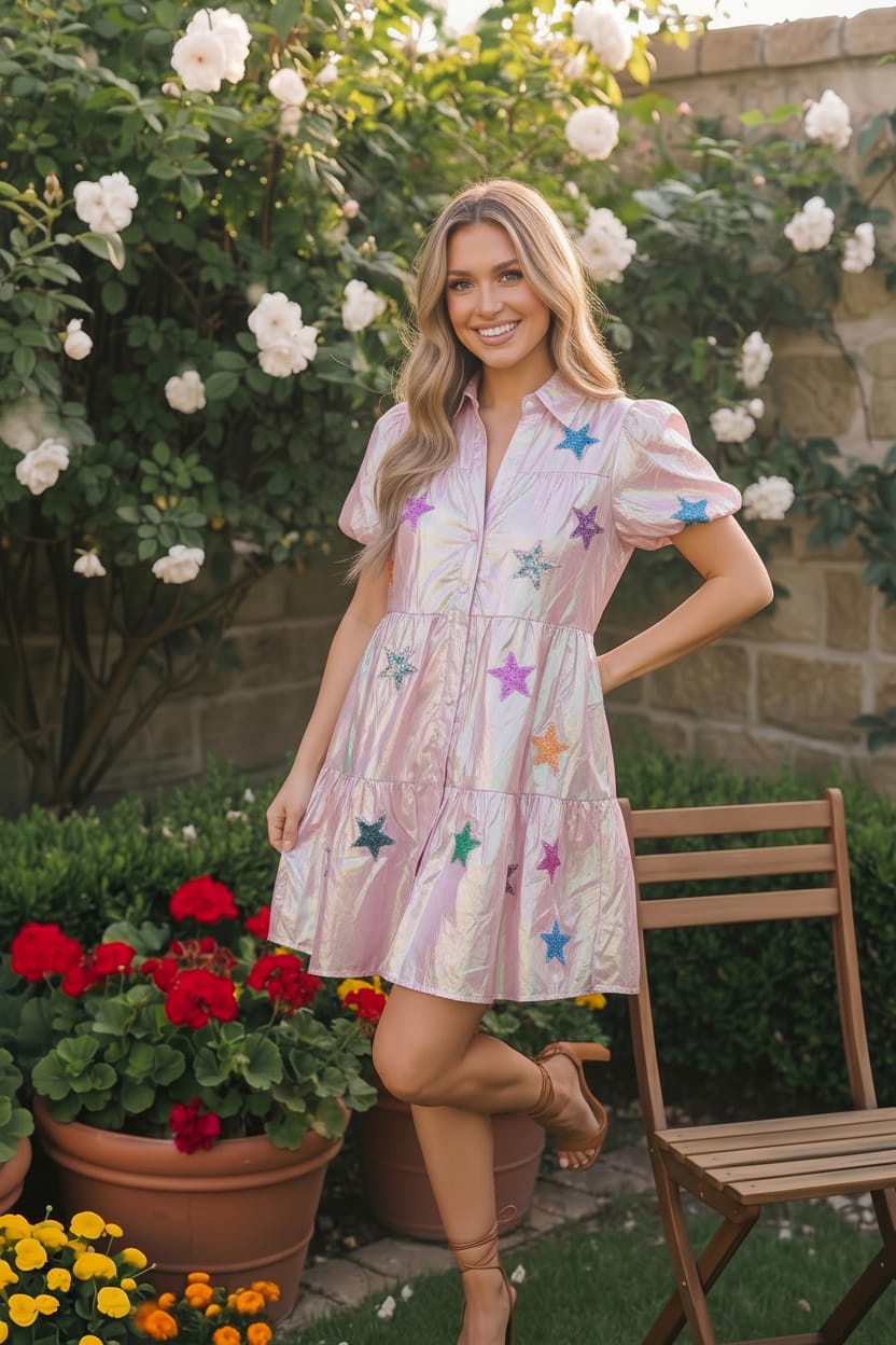 Holographic Pink Star Patch Mini Dress - Charming Charlie