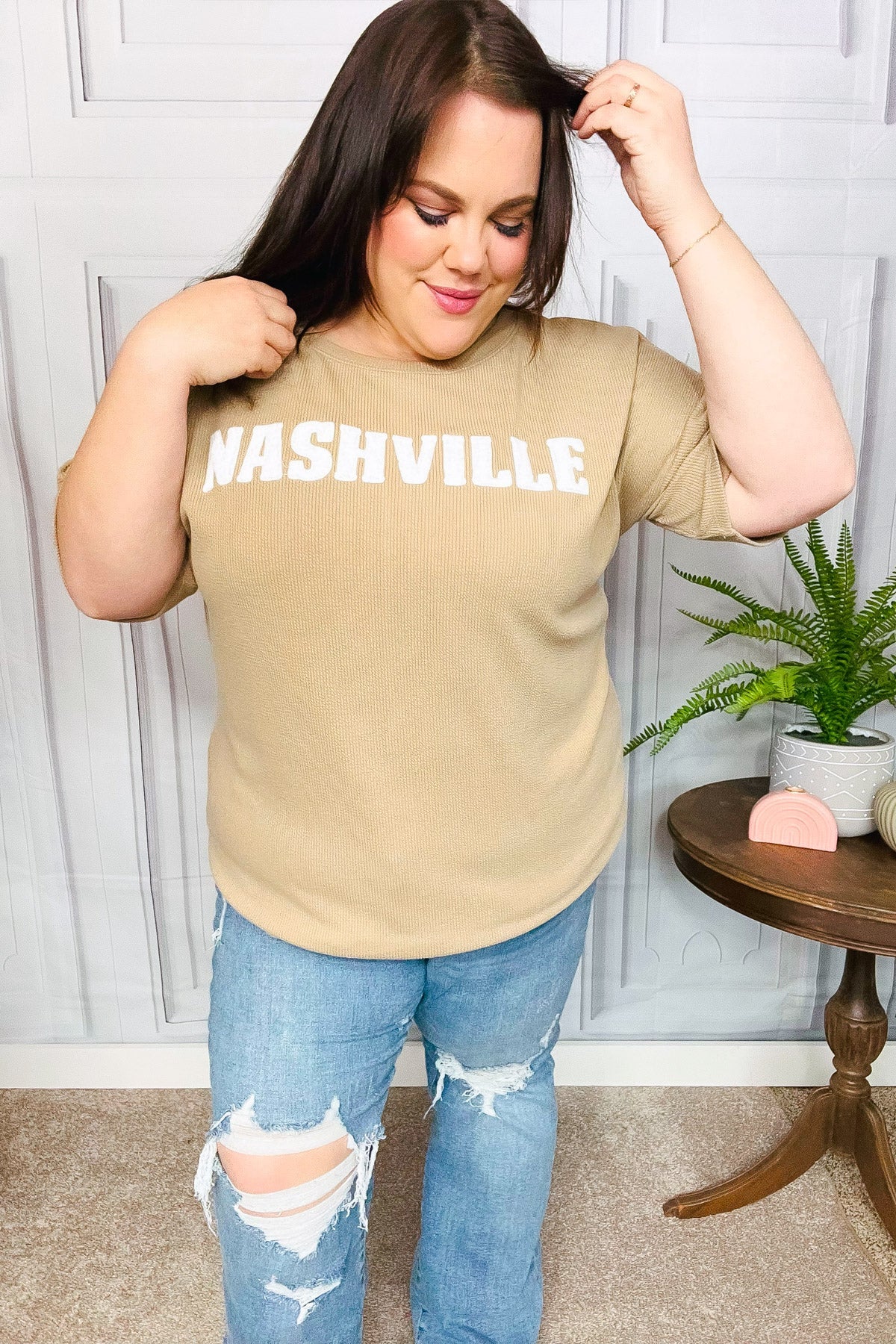 Taupe Pop-Up Embroidered "NASHVILLE" Ribbed Top - Charming Charlie
