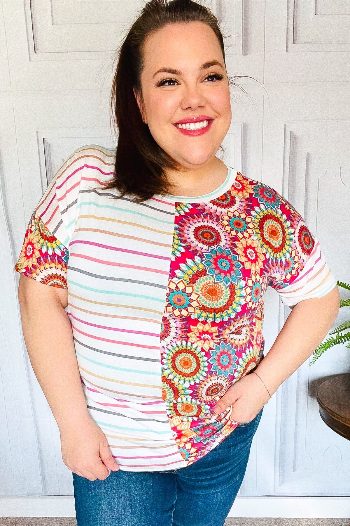 Always Fun Ivory & Fuchsia Stripe and Crochet Print Top - Charming Charlie