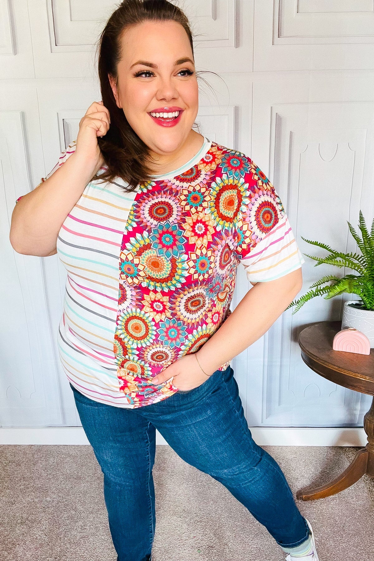 Always Fun Ivory & Fuchsia Stripe and Crochet Print Top - Charming Charlie