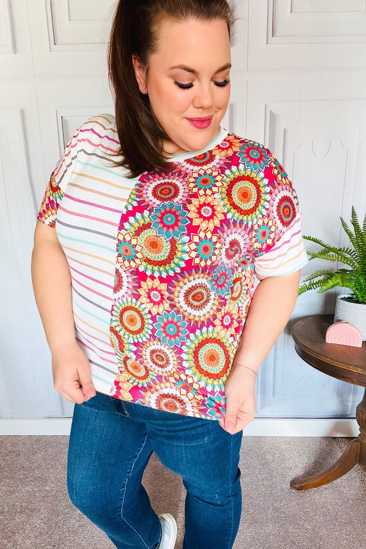 Always Fun Ivory & Fuchsia Stripe and Crochet Print Top - Charming Charlie