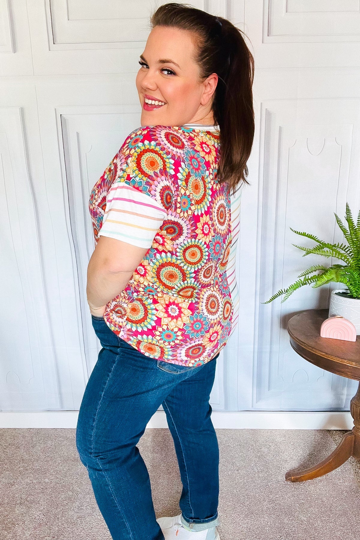 Always Fun Ivory & Fuchsia Stripe and Crochet Print Top - Charming Charlie