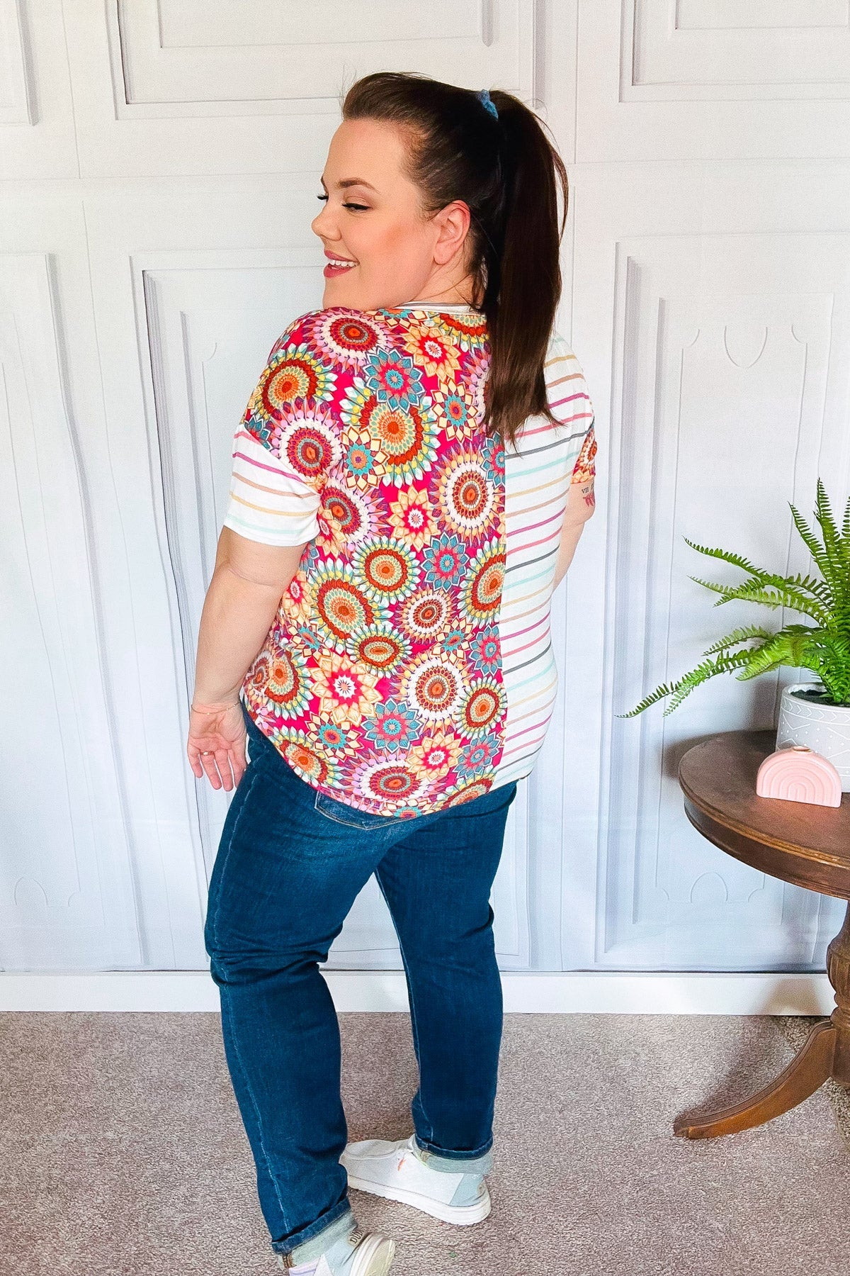 Always Fun Ivory & Fuchsia Stripe and Crochet Print Top - Charming Charlie