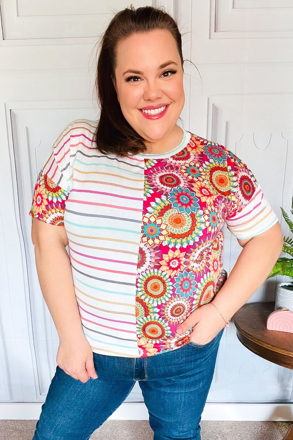 Always Fun Ivory & Fuchsia Stripe and Crochet Print Top - Charming Charlie