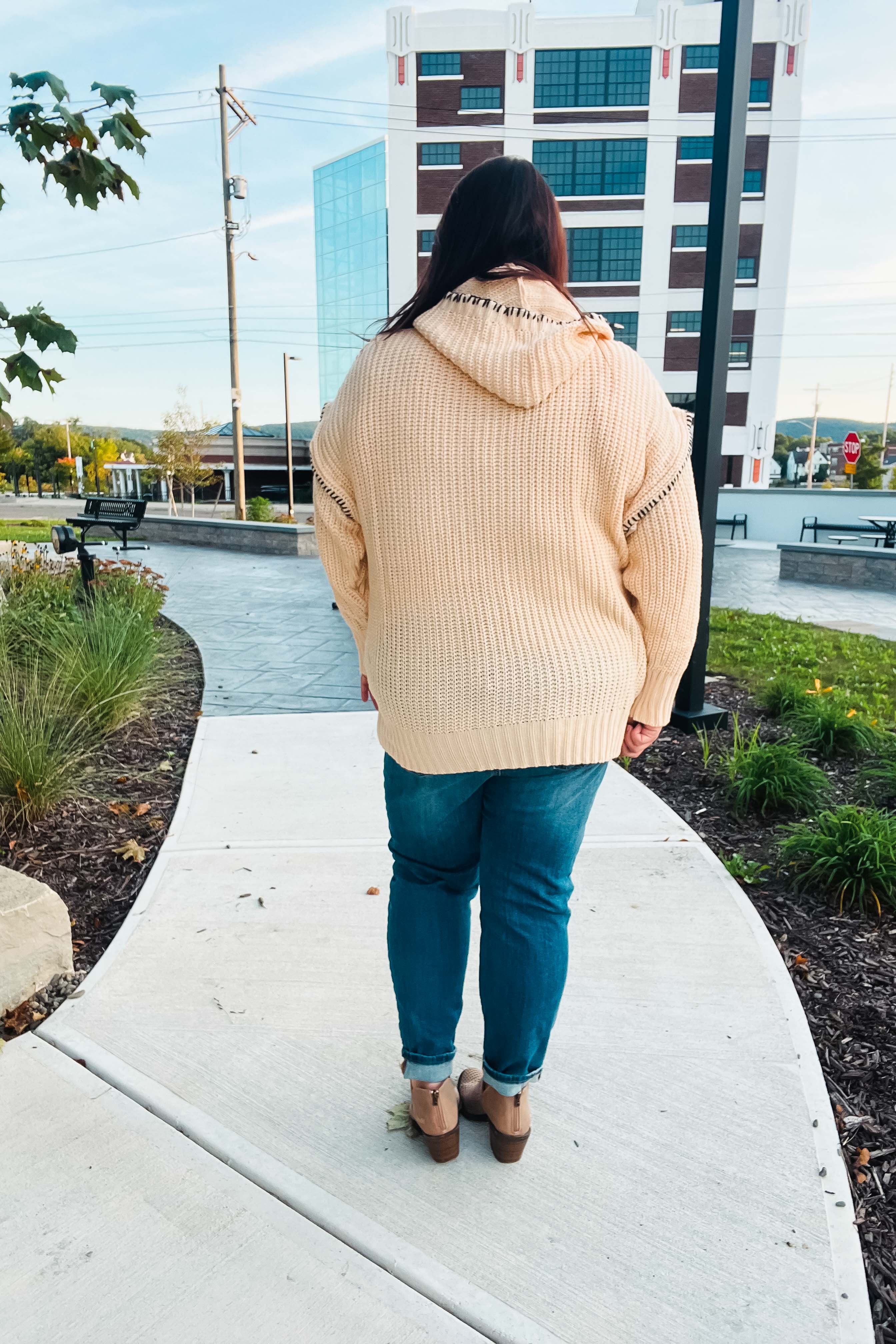 The Perfect Day Oatmeal Notched Neck Contrast Stitch Knit Hoodie - Charming Charlie
