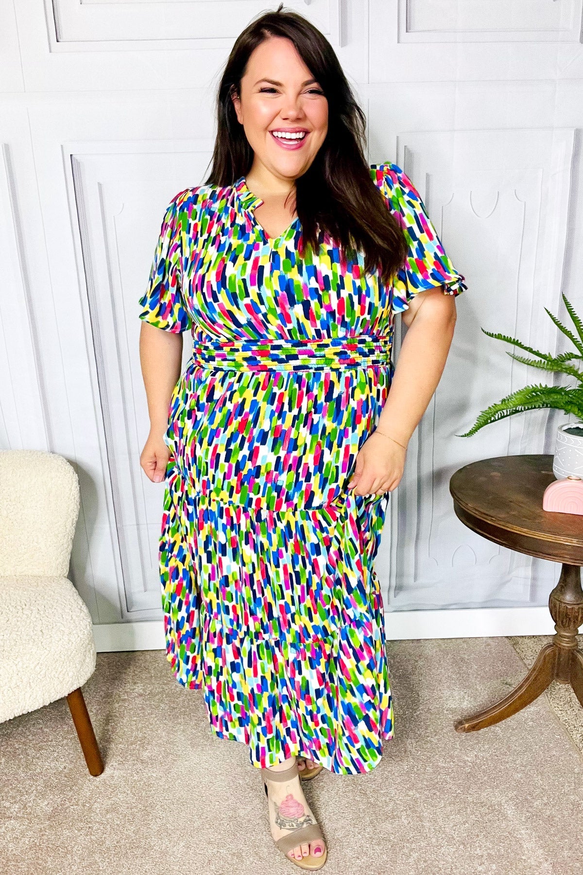 All For You Navy Multicolor Abstract Print Smocked Waist Maxi Dress - Charming Charlie