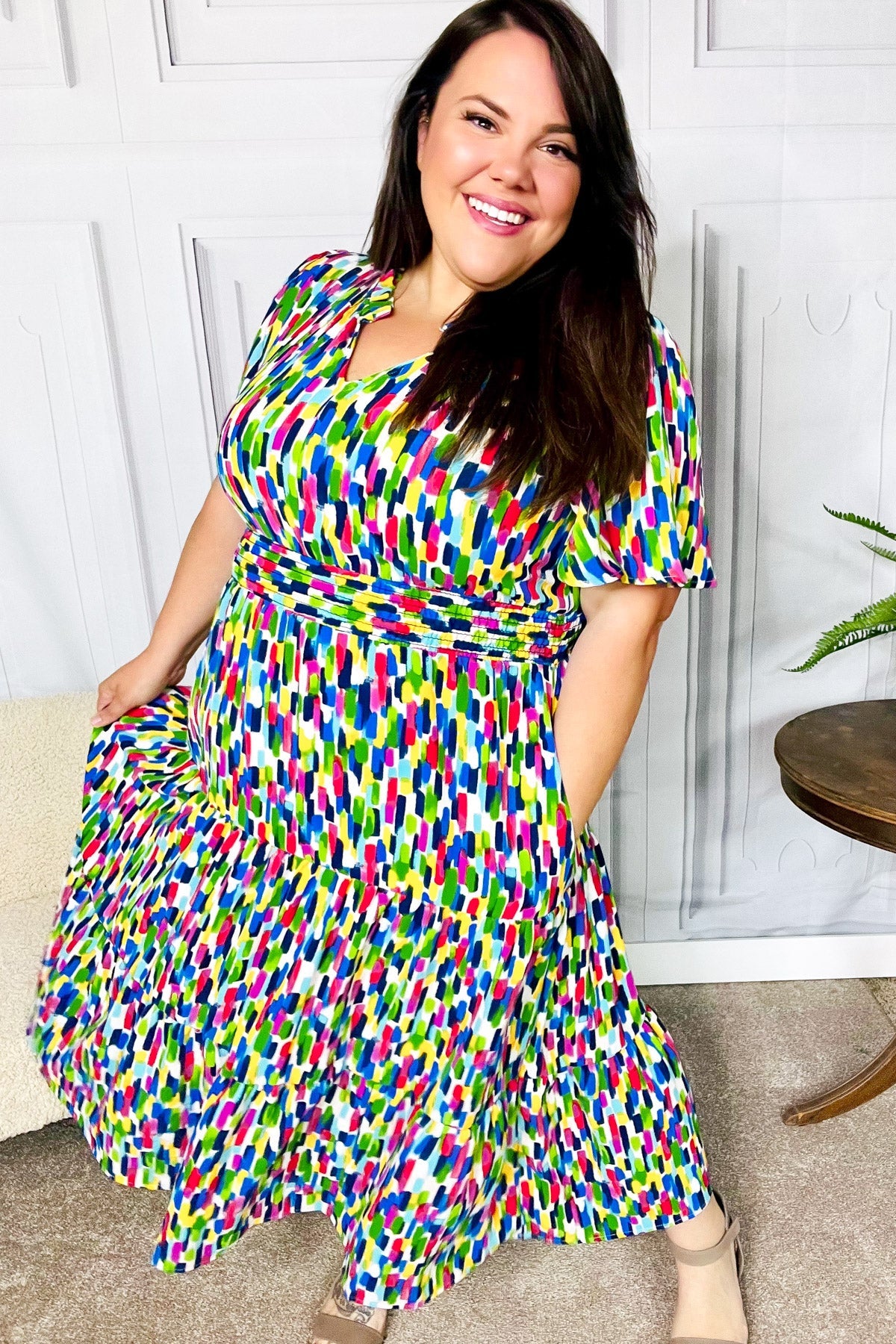 All For You Navy Multicolor Abstract Print Smocked Waist Maxi Dress - Charming Charlie