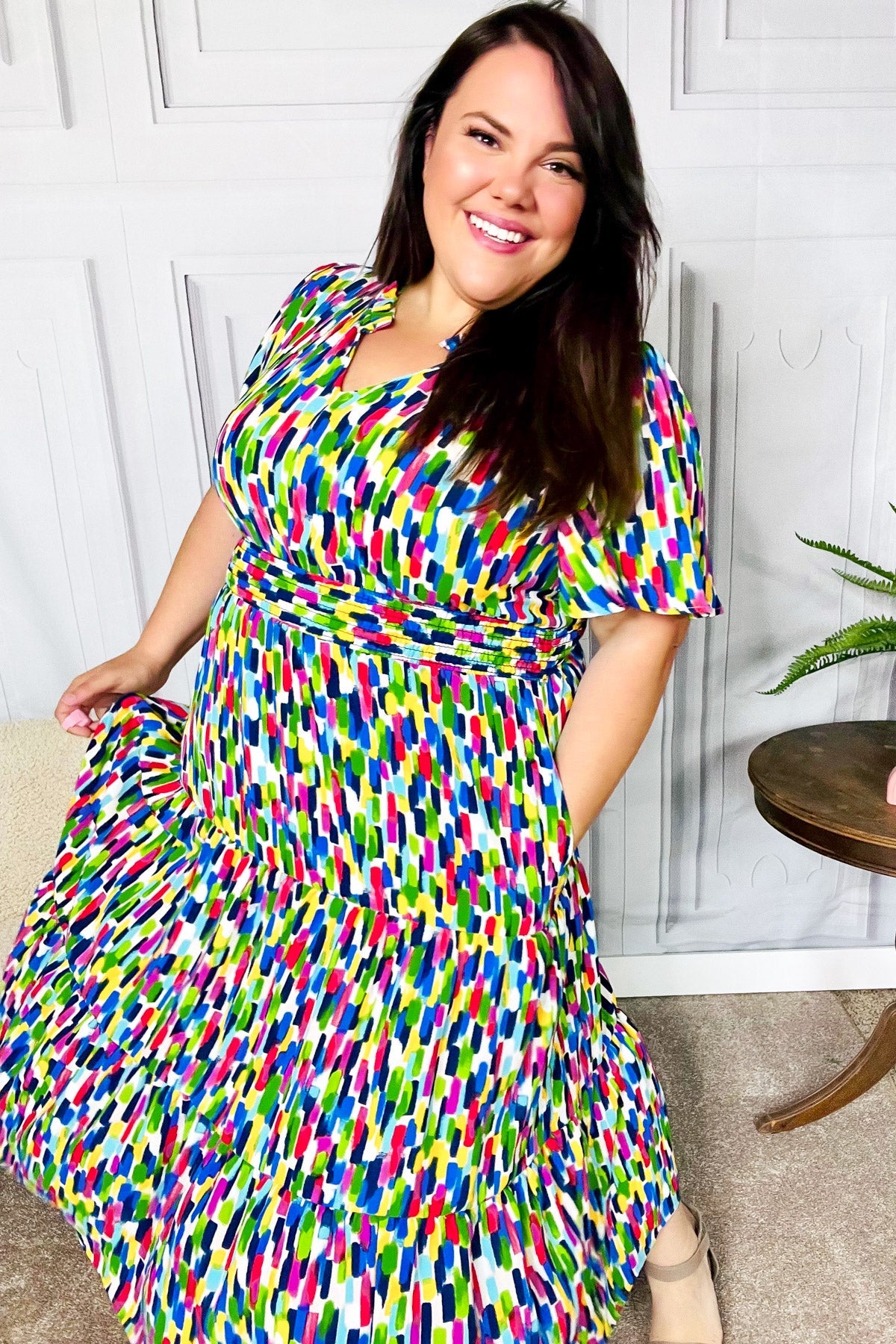 All For You Navy Multicolor Abstract Print Smocked Waist Maxi Dress - Charming Charlie