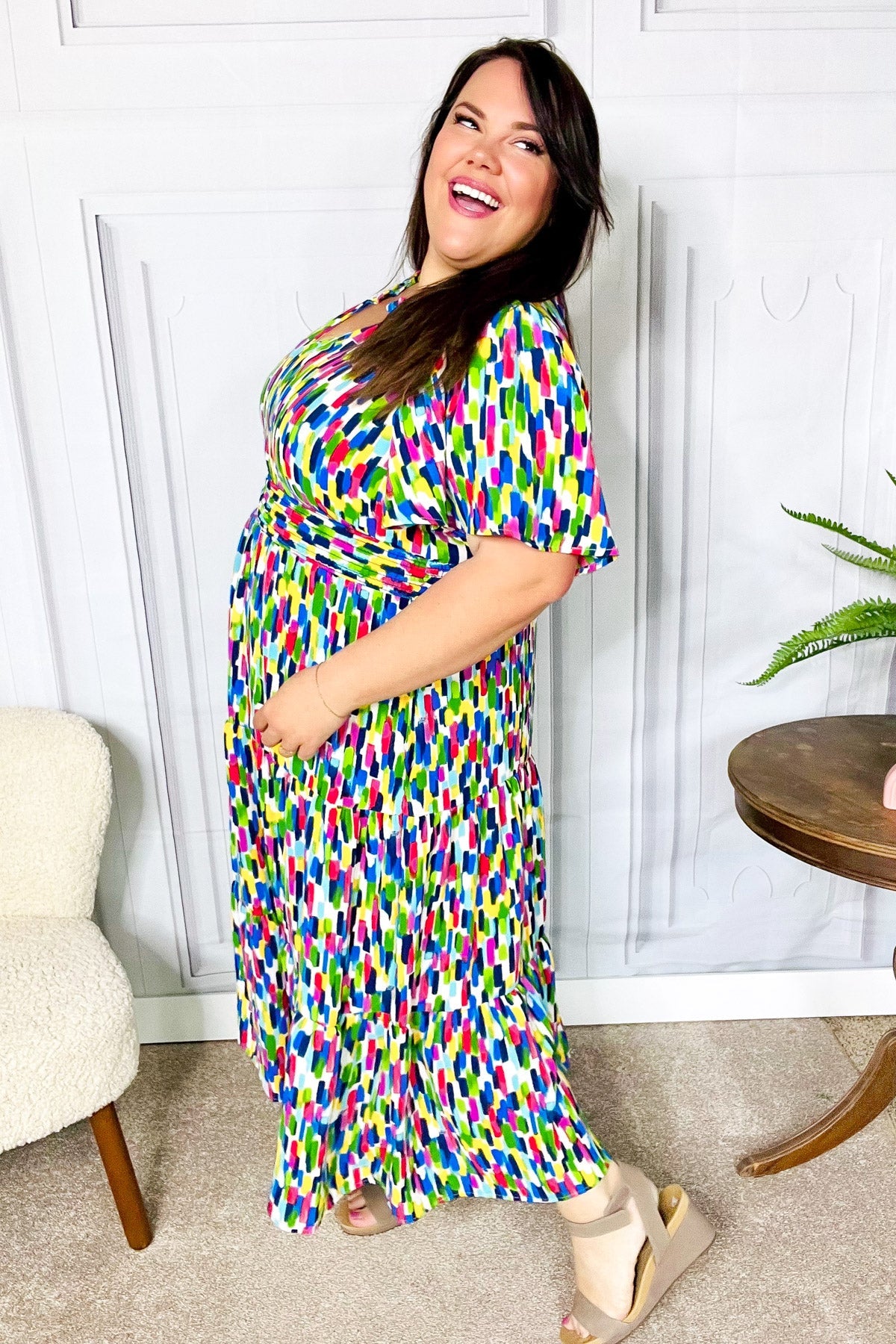 All For You Navy Multicolor Abstract Print Smocked Waist Maxi Dress - Charming Charlie