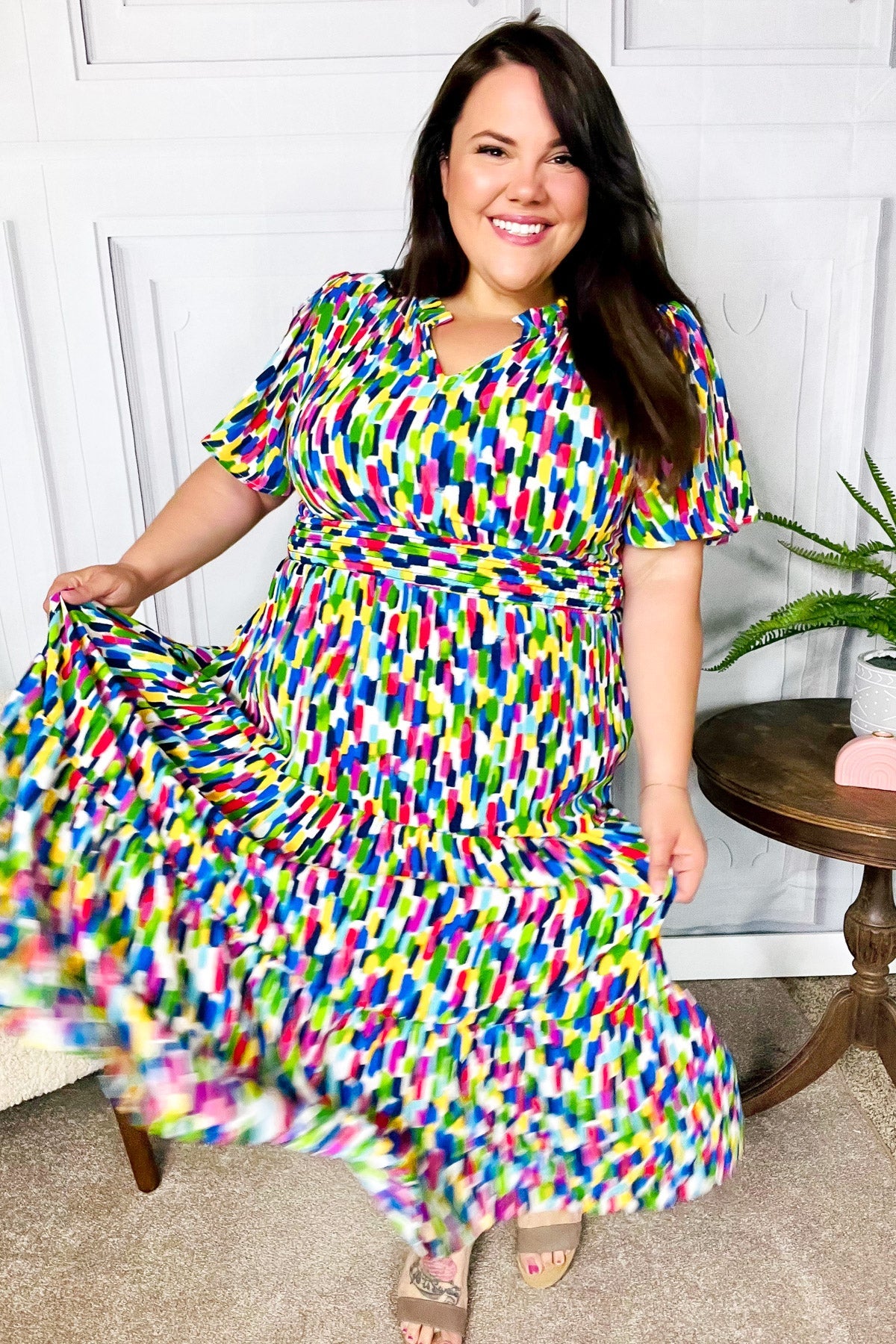 All For You Navy Multicolor Abstract Print Smocked Waist Maxi Dress - Charming Charlie
