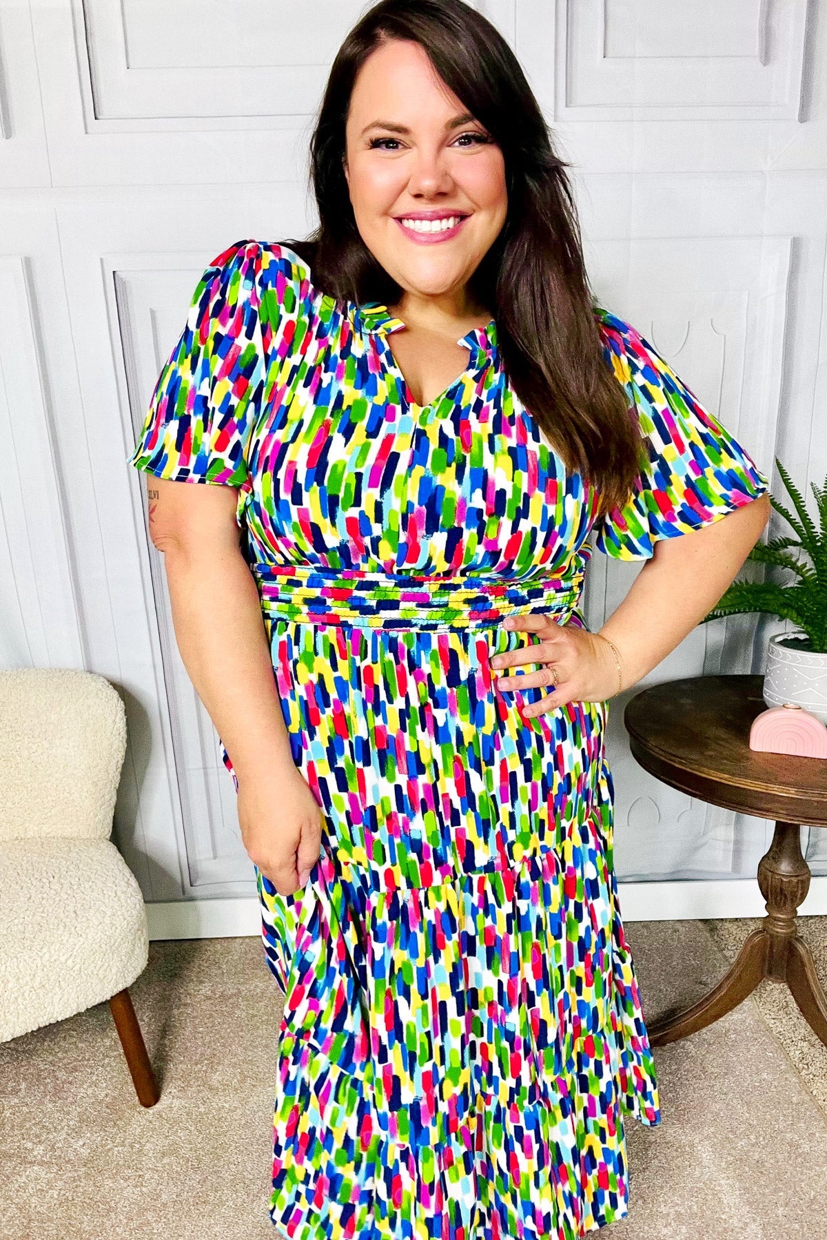 All For You Navy Multicolor Abstract Print Smocked Waist Maxi Dress - Charming Charlie