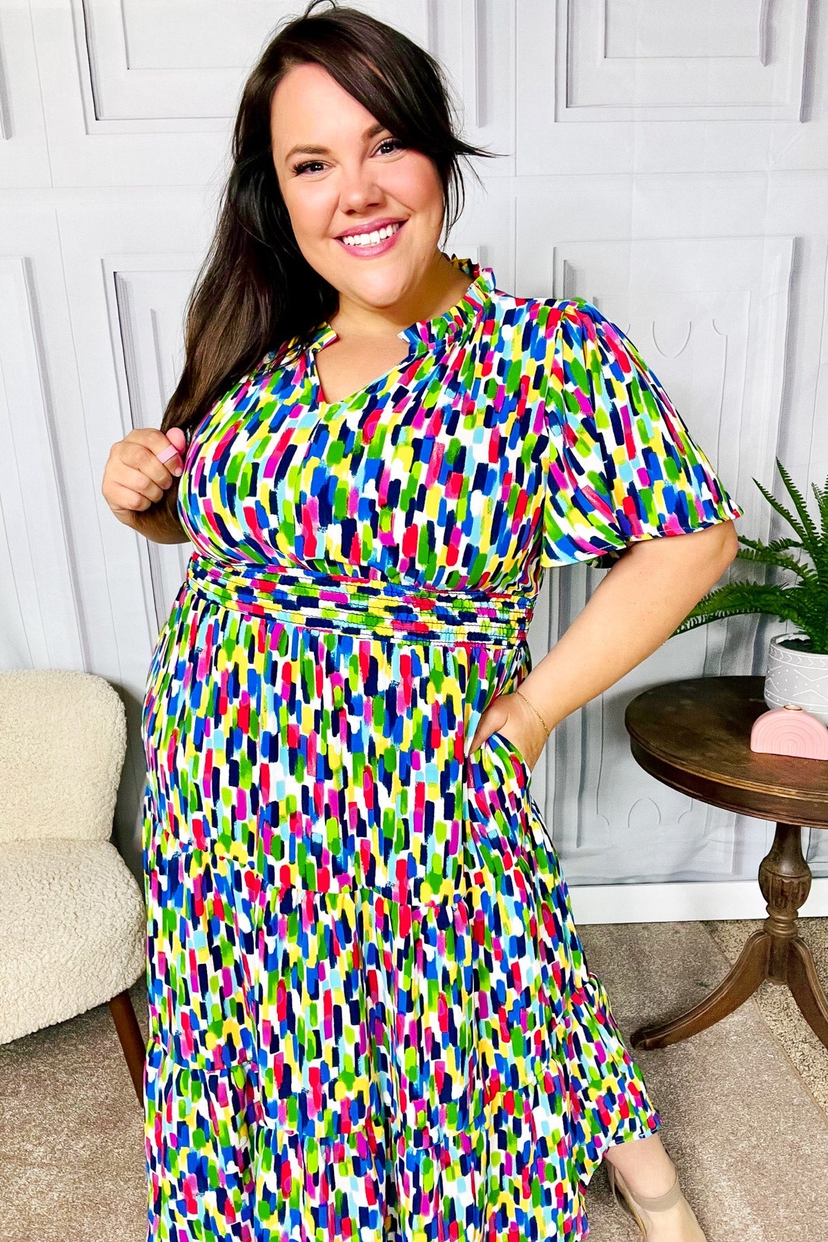 All For You Navy Multicolor Abstract Print Smocked Waist Maxi Dress - Charming Charlie