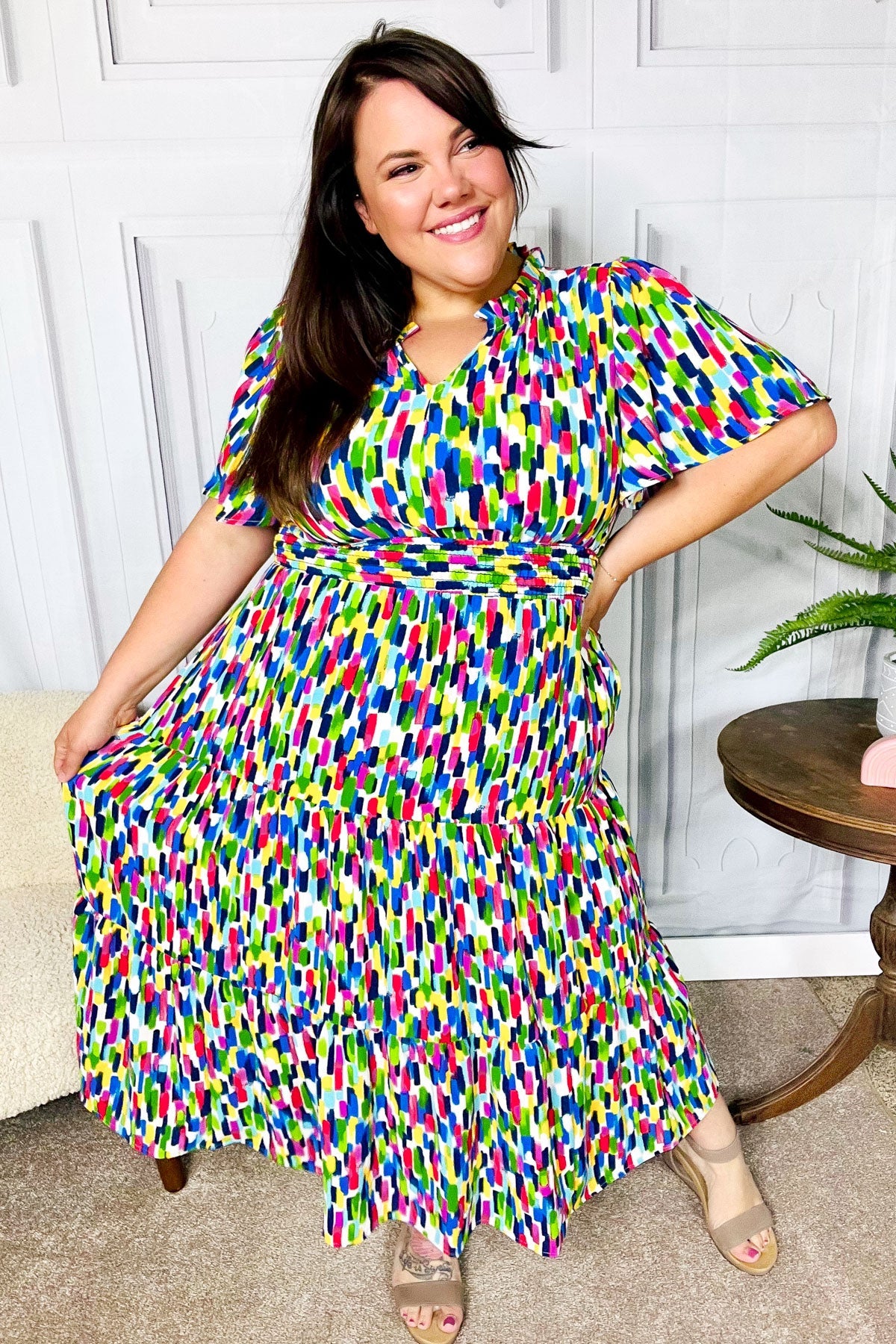 All For You Navy Multicolor Abstract Print Smocked Waist Maxi Dress - Charming Charlie