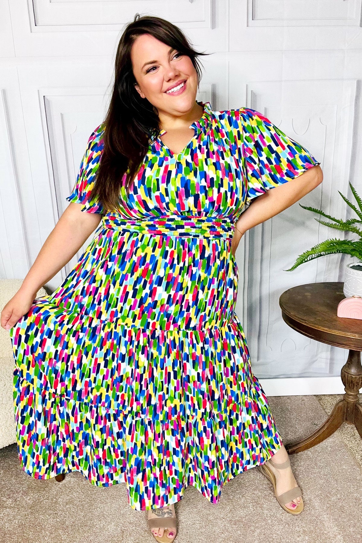 All For You Navy Multicolor Abstract Print Smocked Waist Maxi Dress - Charming Charlie