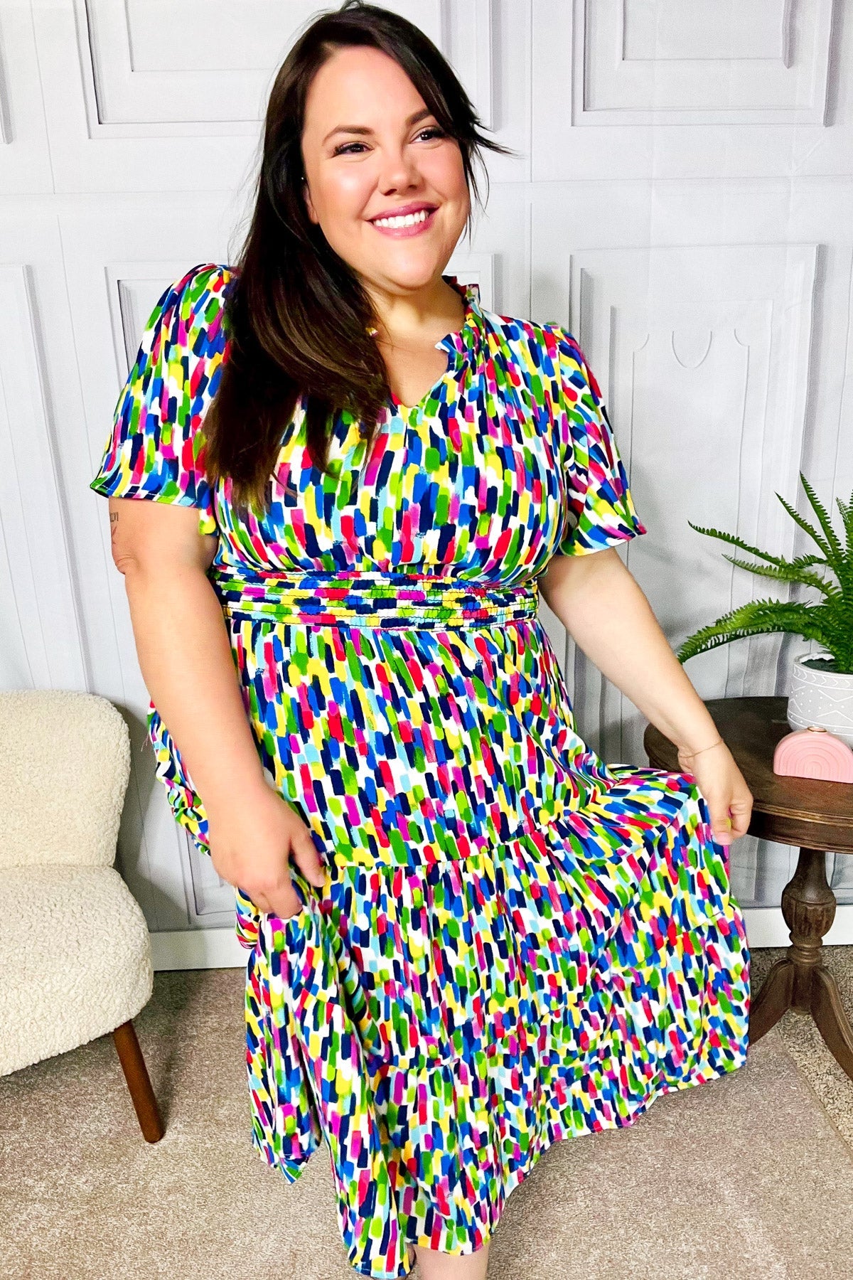 All For You Navy Multicolor Abstract Print Smocked Waist Maxi Dress - Charming Charlie