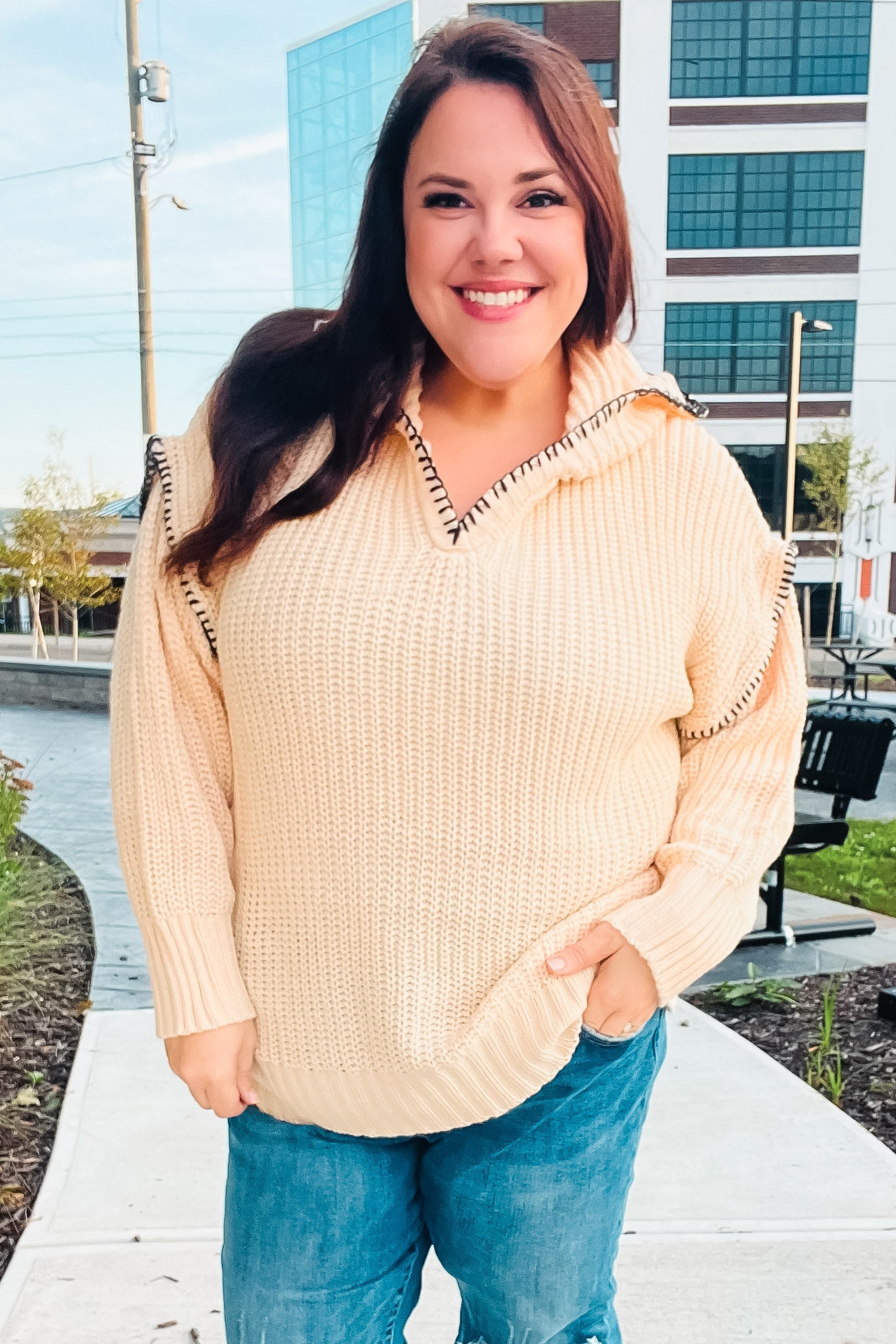 The Perfect Day Oatmeal Notched Neck Contrast Stitch Knit Hoodie - Charming Charlie