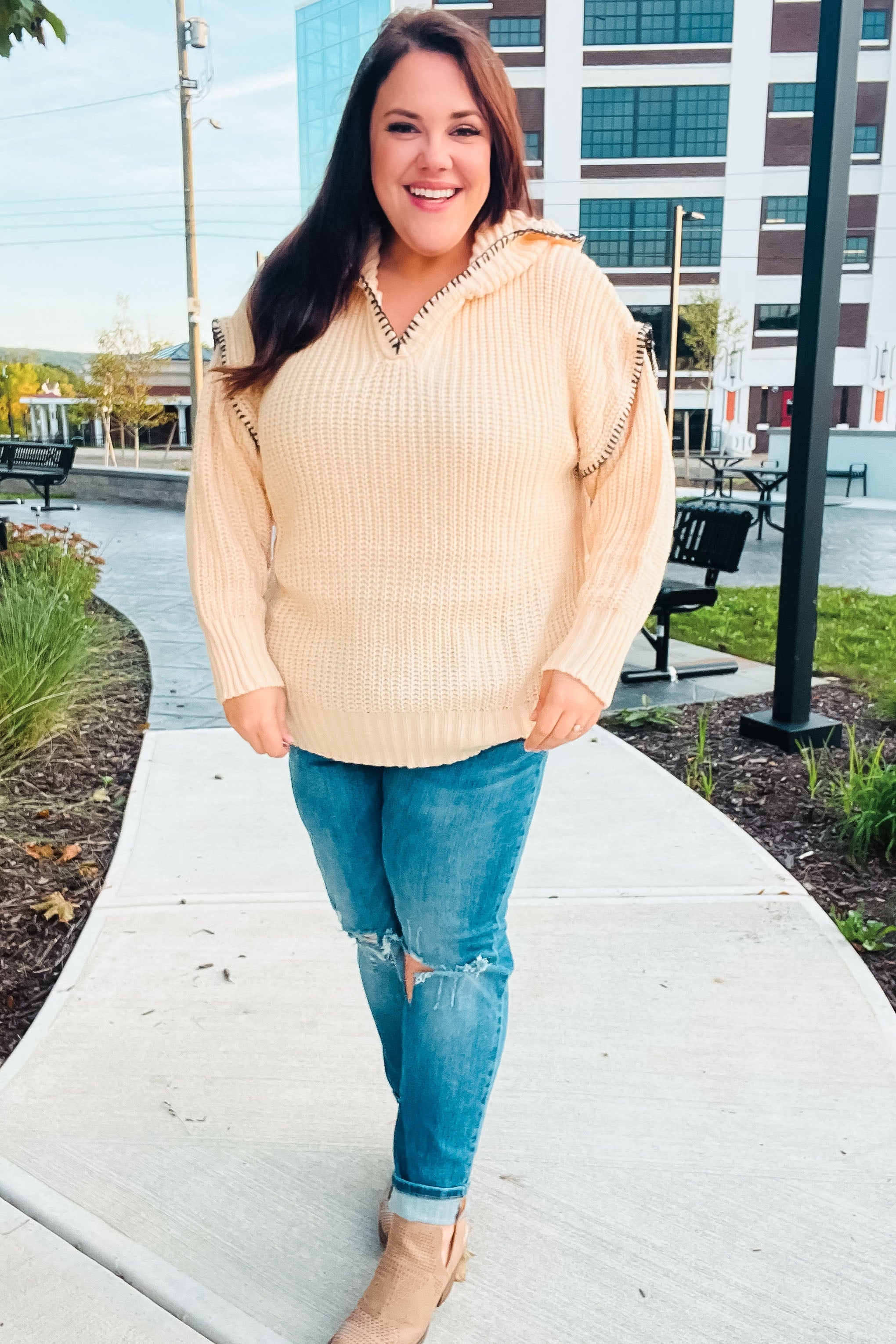 The Perfect Day Oatmeal Notched Neck Contrast Stitch Knit Hoodie - Charming Charlie