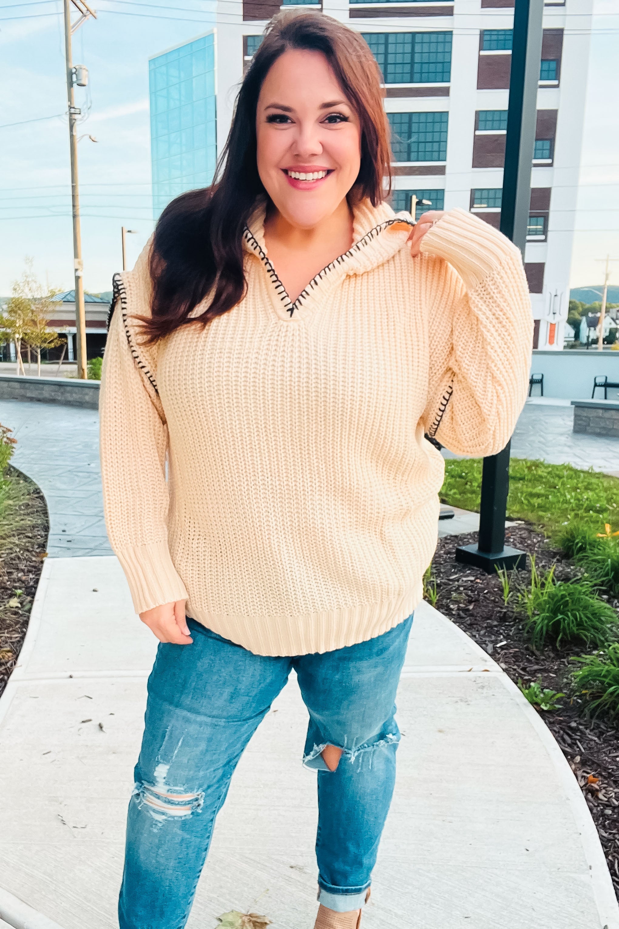 The Perfect Day Oatmeal Notched Neck Contrast Stitch Knit Hoodie - Charming Charlie