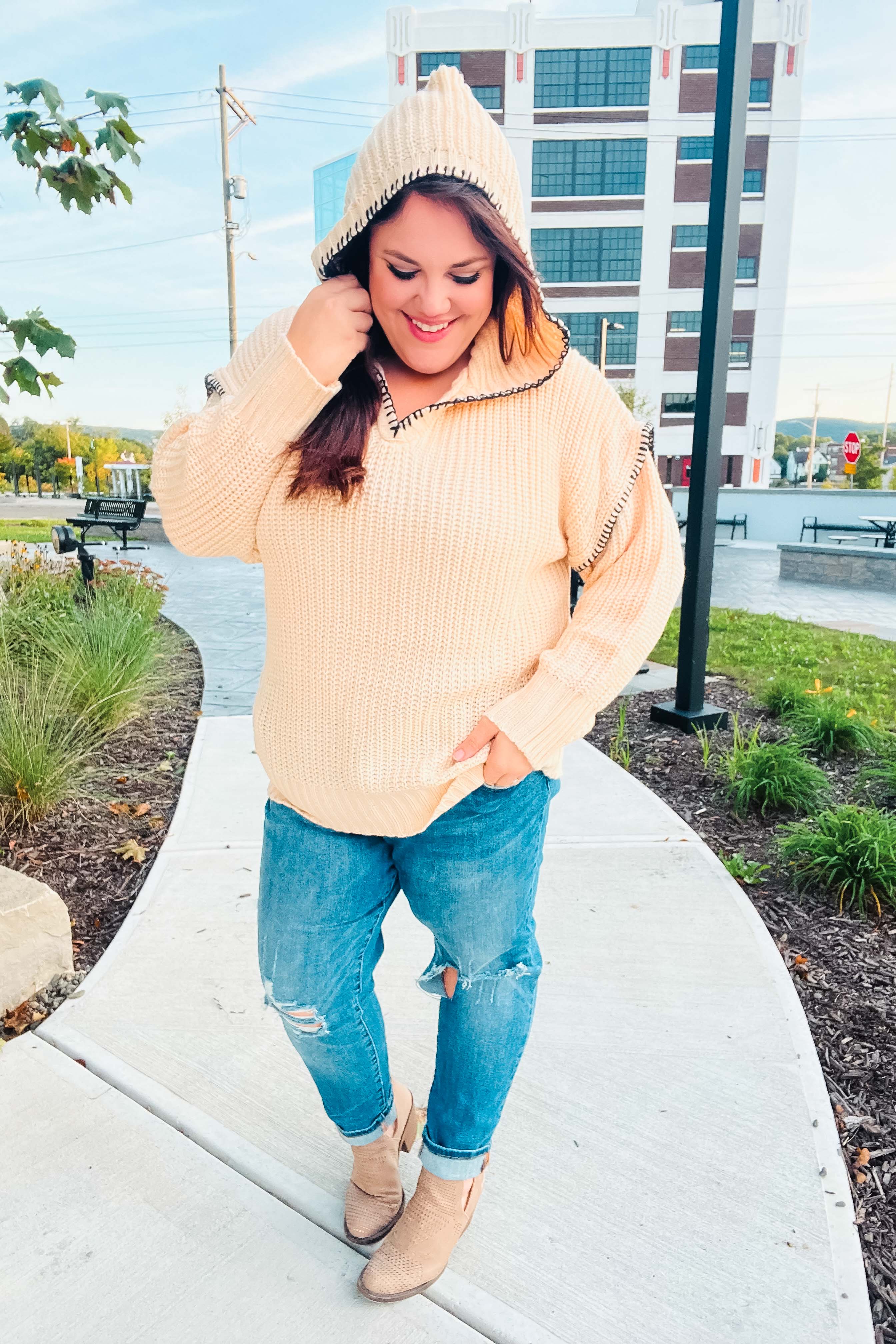 The Perfect Day Oatmeal Notched Neck Contrast Stitch Knit Hoodie - Charming Charlie