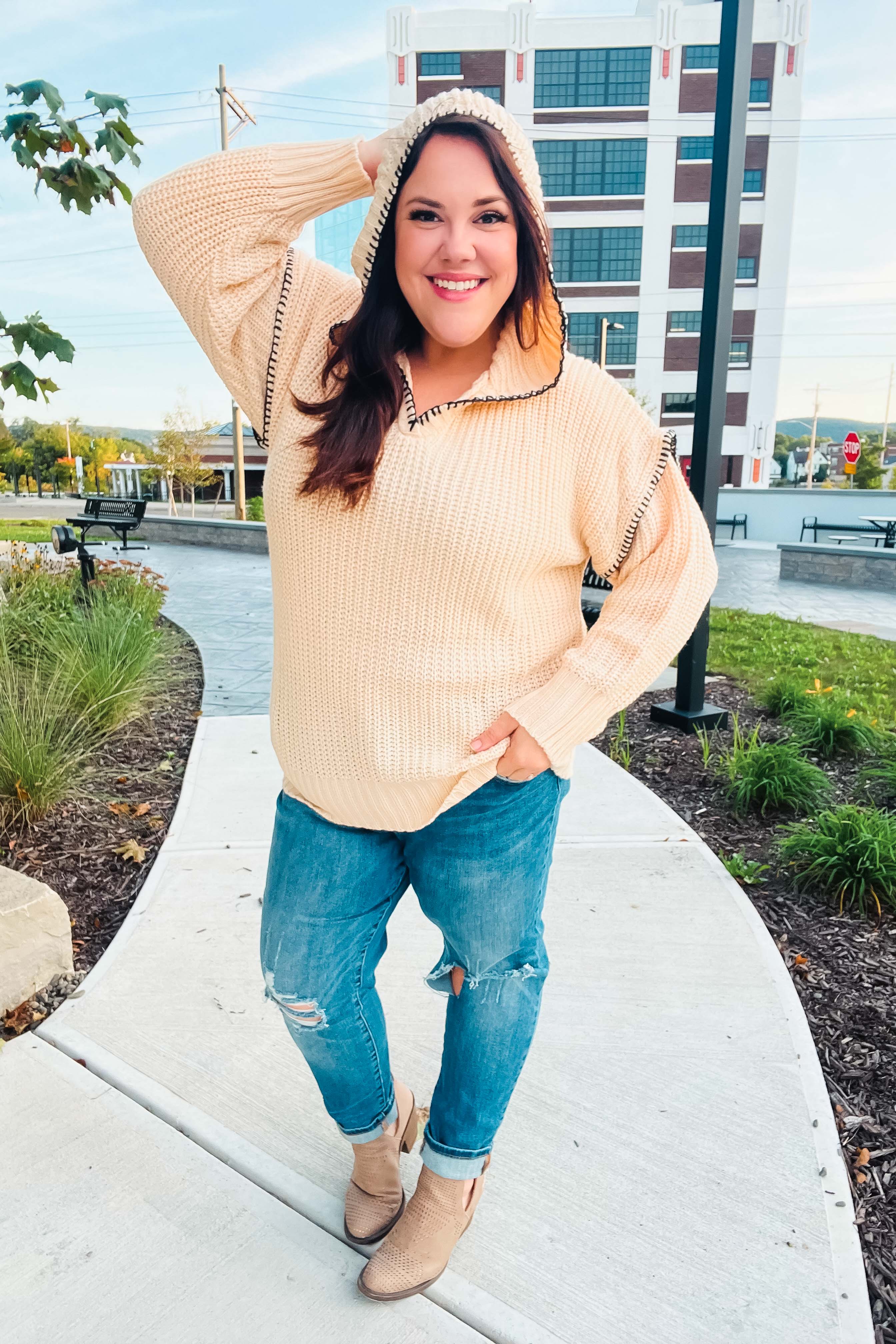 The Perfect Day Oatmeal Notched Neck Contrast Stitch Knit Hoodie - Charming Charlie