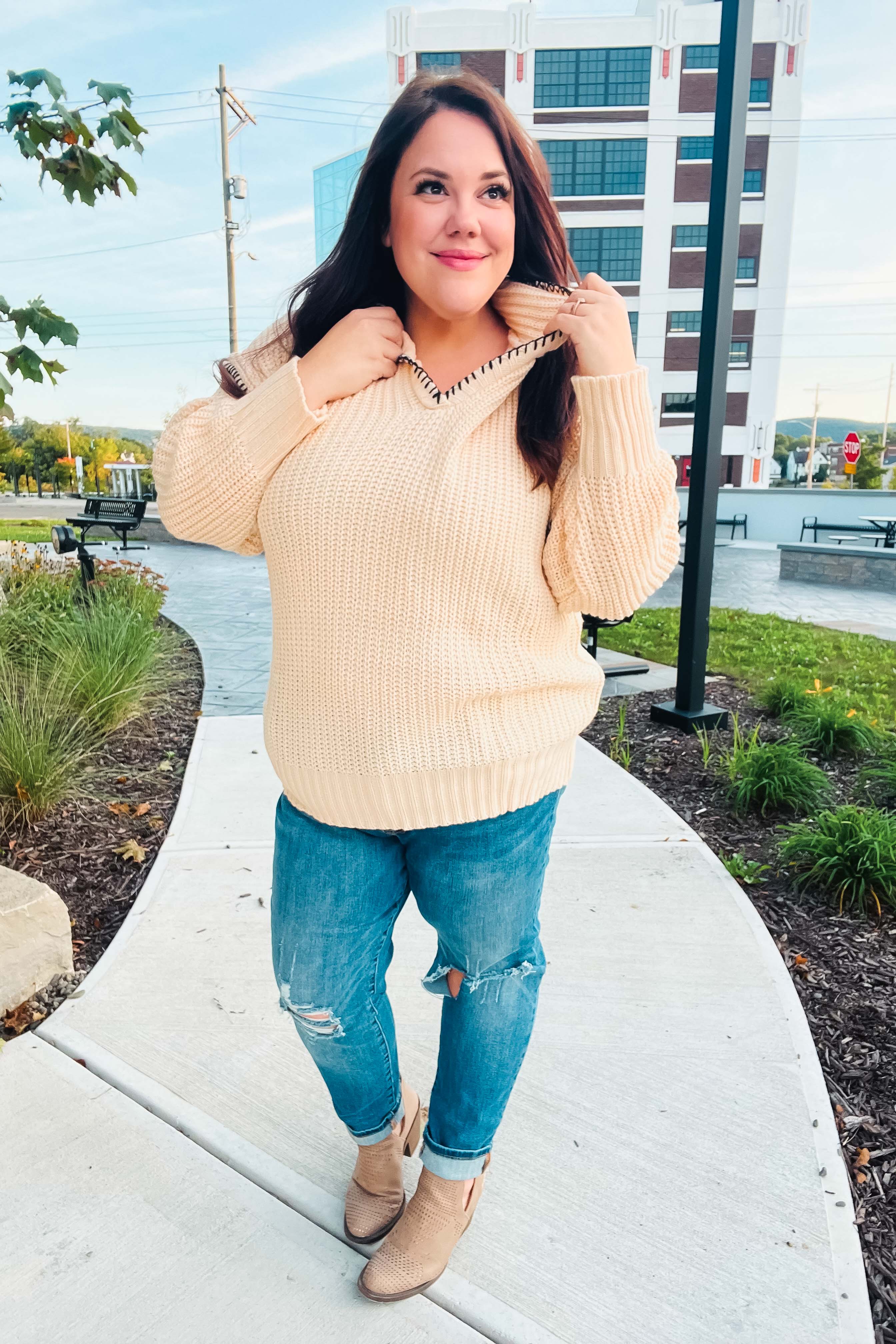 The Perfect Day Oatmeal Notched Neck Contrast Stitch Knit Hoodie - Charming Charlie