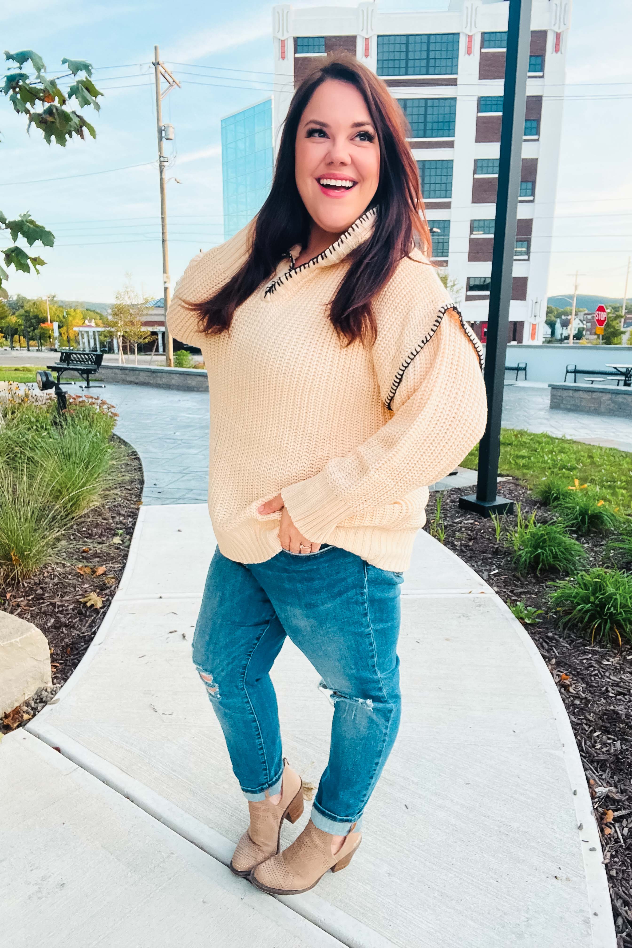 The Perfect Day Oatmeal Notched Neck Contrast Stitch Knit Hoodie - Charming Charlie