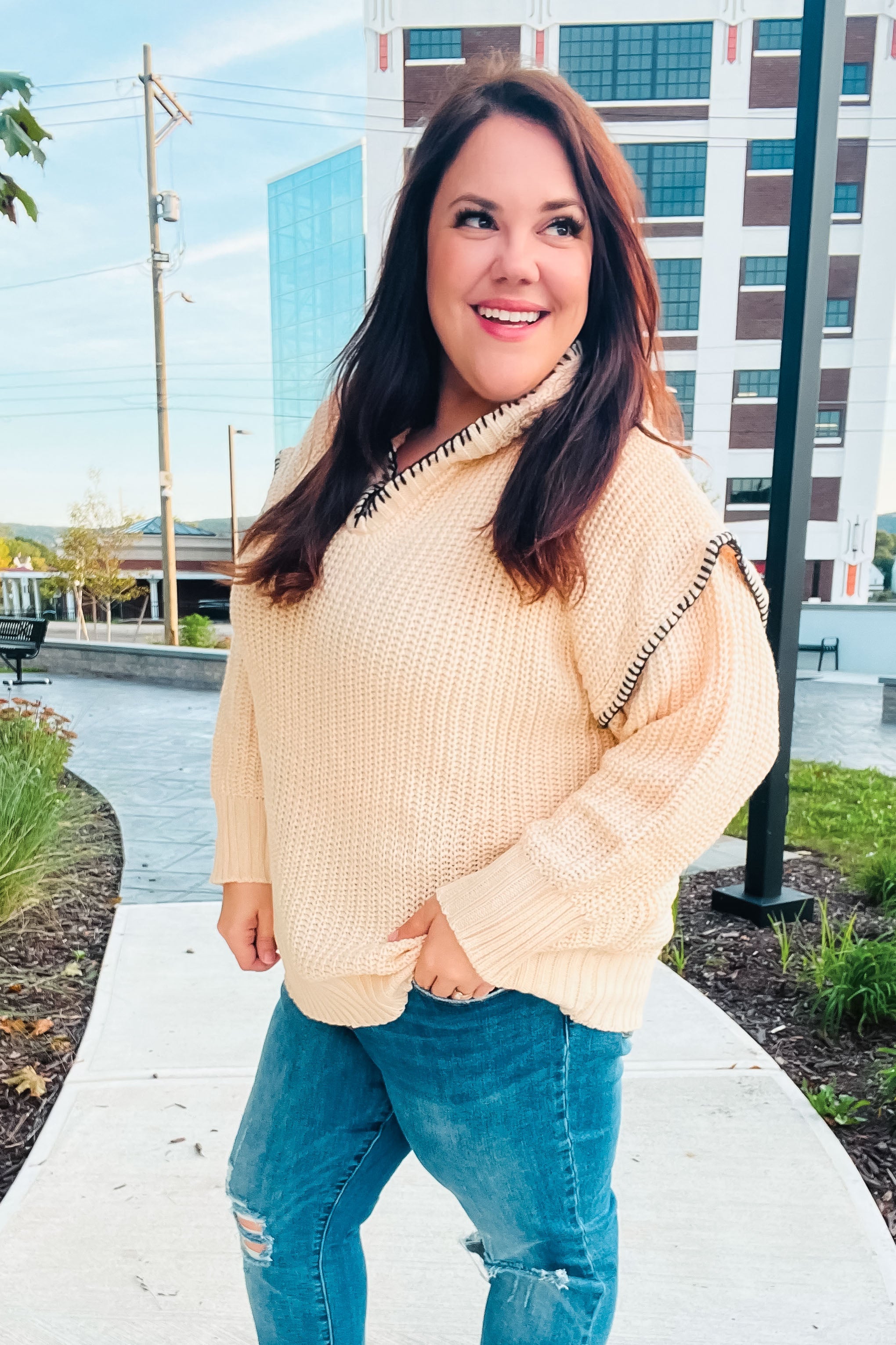 The Perfect Day Oatmeal Notched Neck Contrast Stitch Knit Hoodie - Charming Charlie