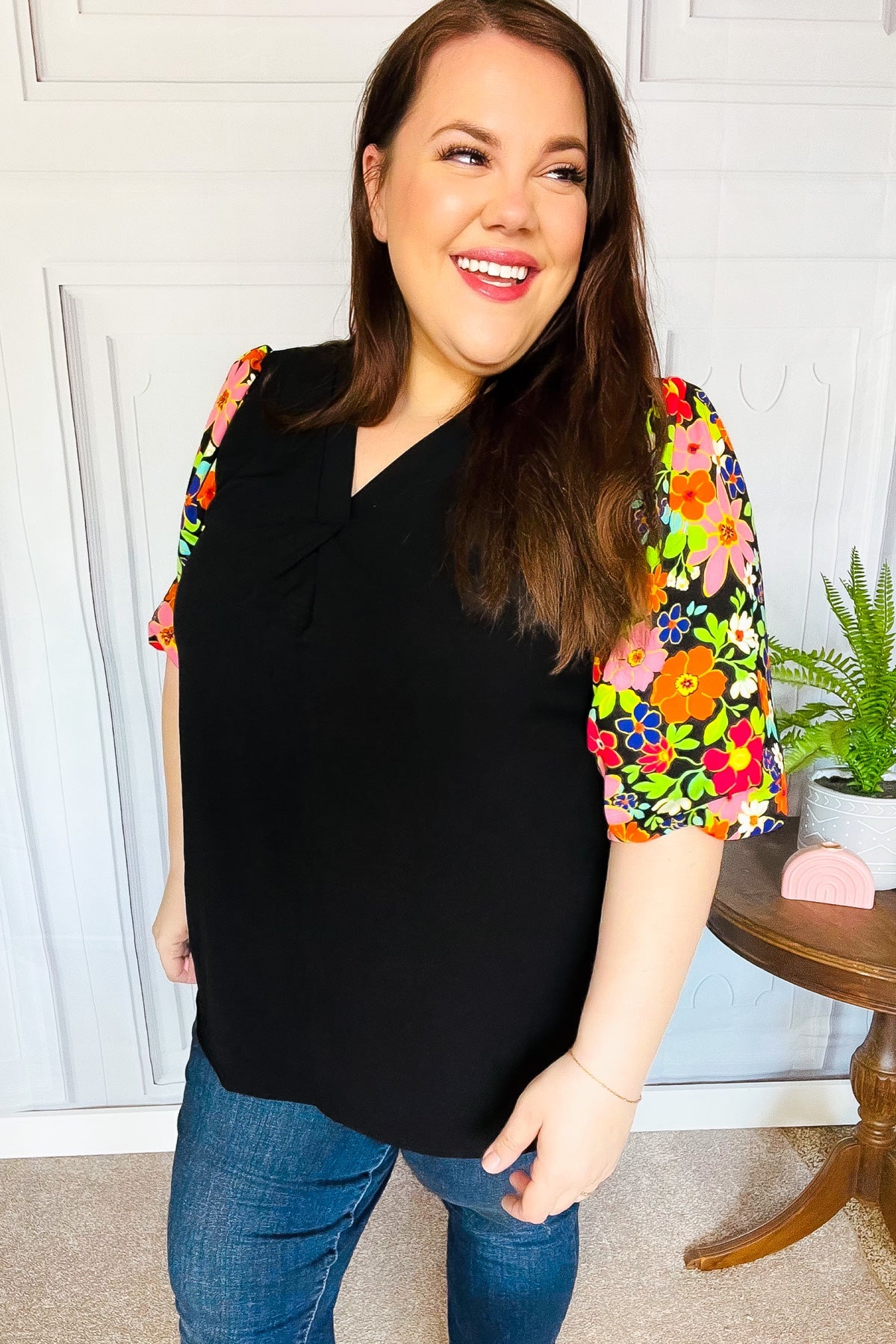 Eyes On You Black Floral Puff Sleeve V Neck Top - Charming Charlie