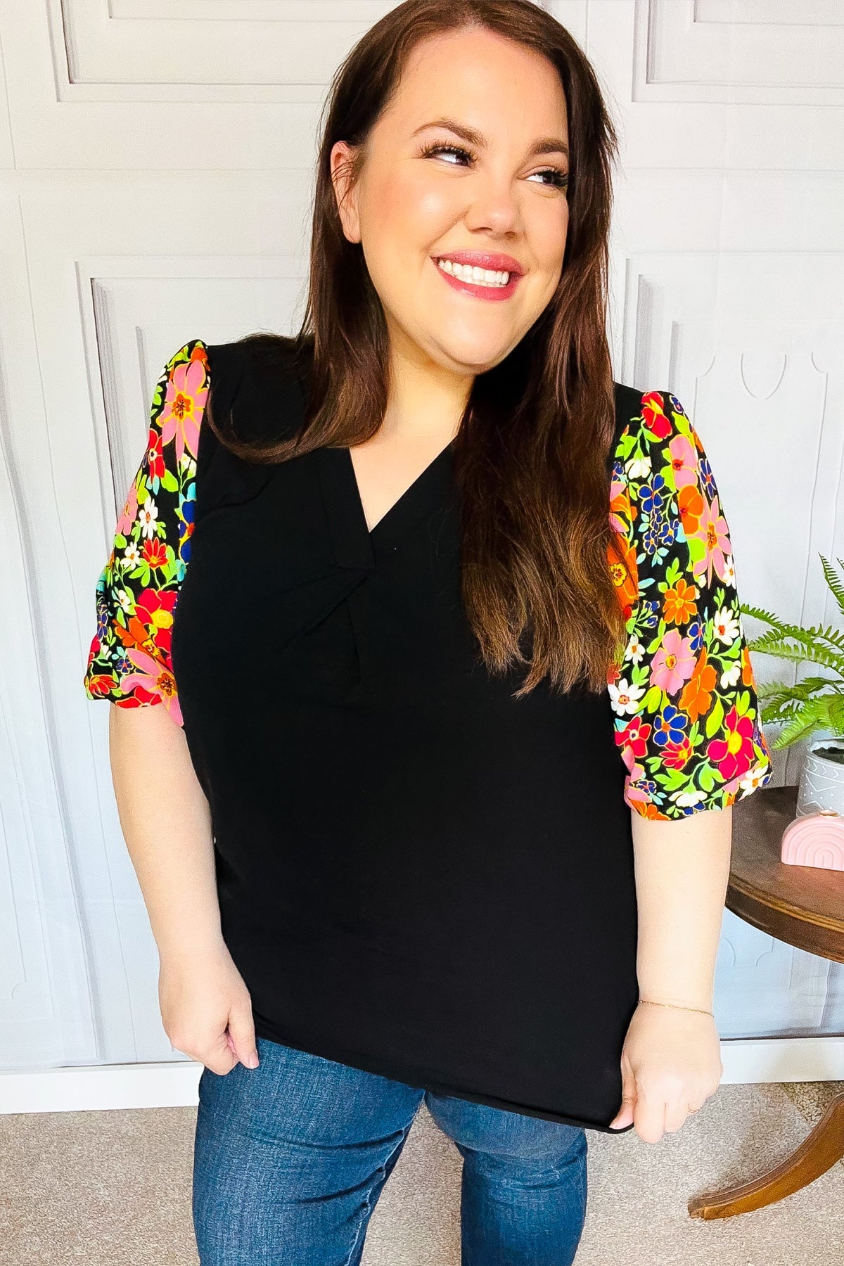 Eyes On You Black Floral Puff Sleeve V Neck Top - Charming Charlie