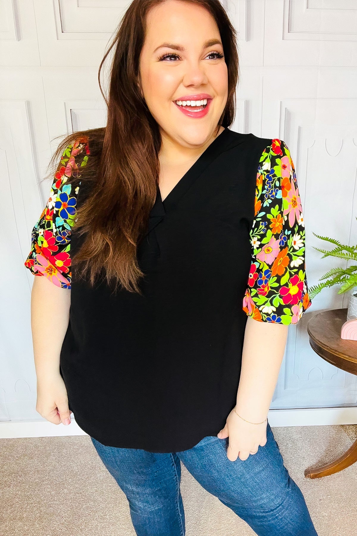 Eyes On You Black Floral Puff Sleeve V Neck Top - Charming Charlie