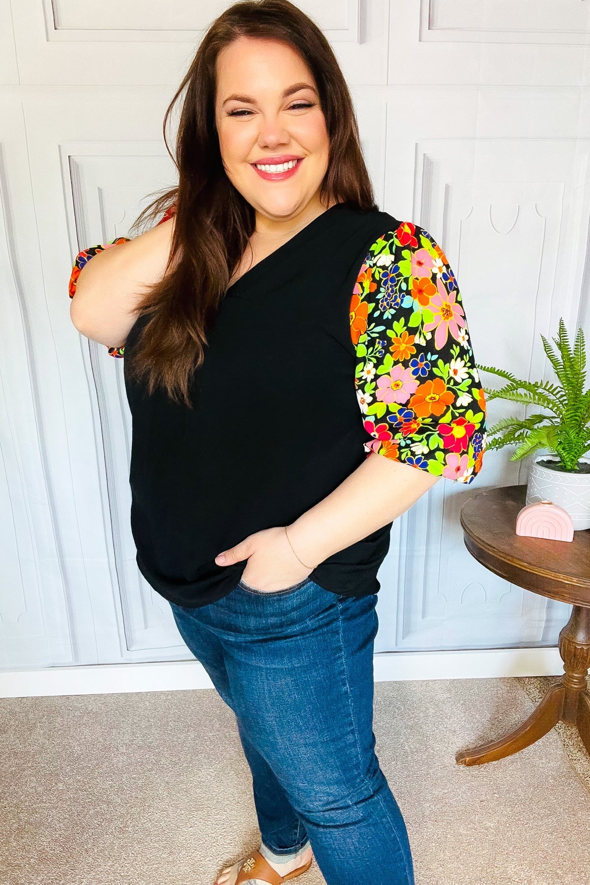 Eyes On You Black Floral Puff Sleeve V Neck Top - Charming Charlie