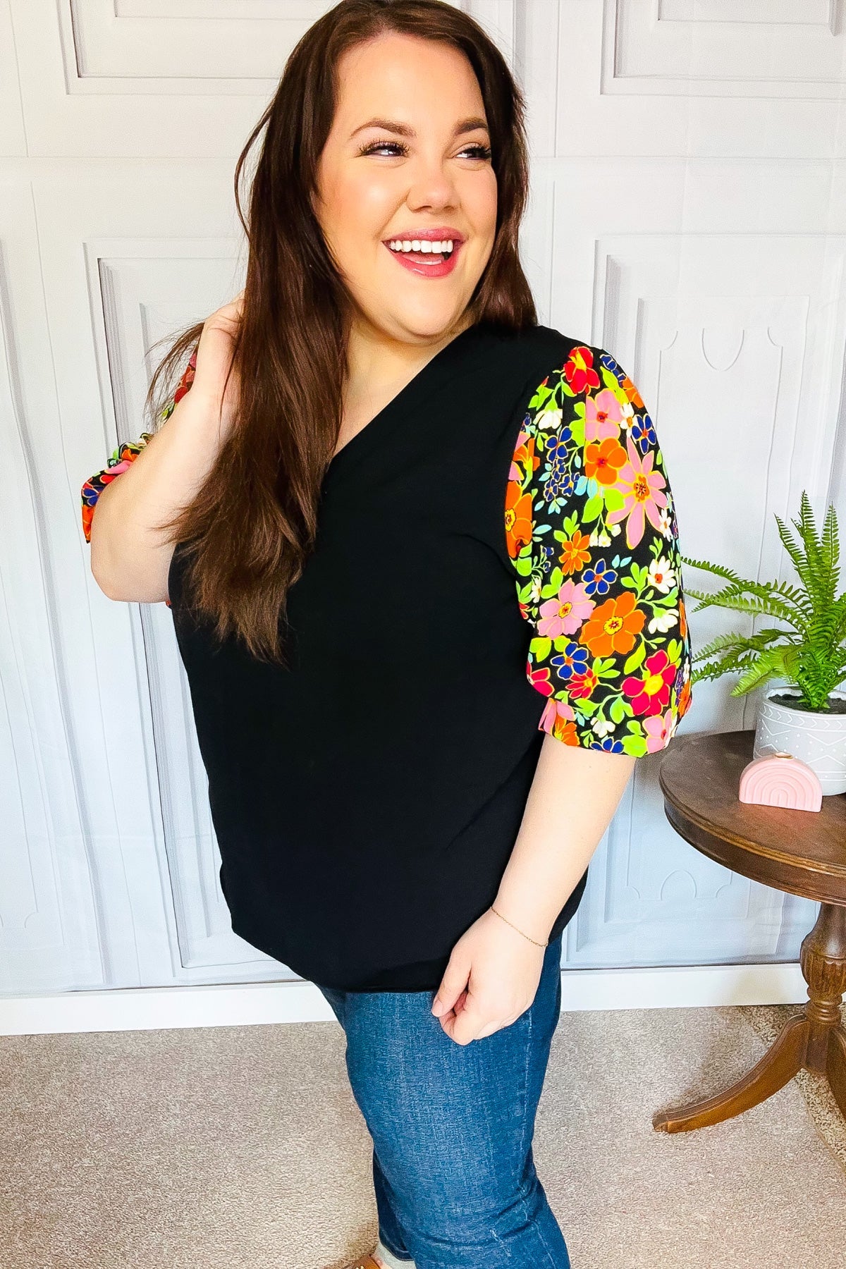 Eyes On You Black Floral Puff Sleeve V Neck Top - Charming Charlie