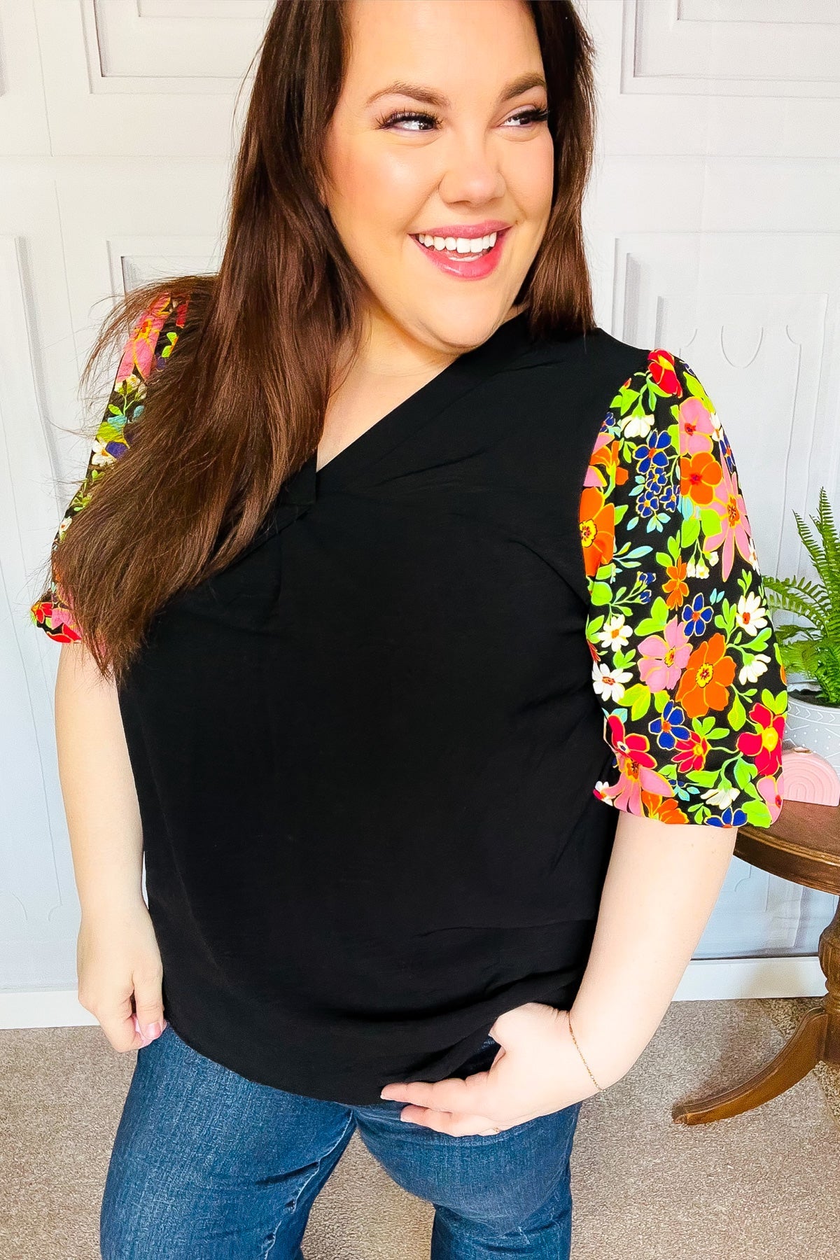 Eyes On You Black Floral Puff Sleeve V Neck Top - Charming Charlie