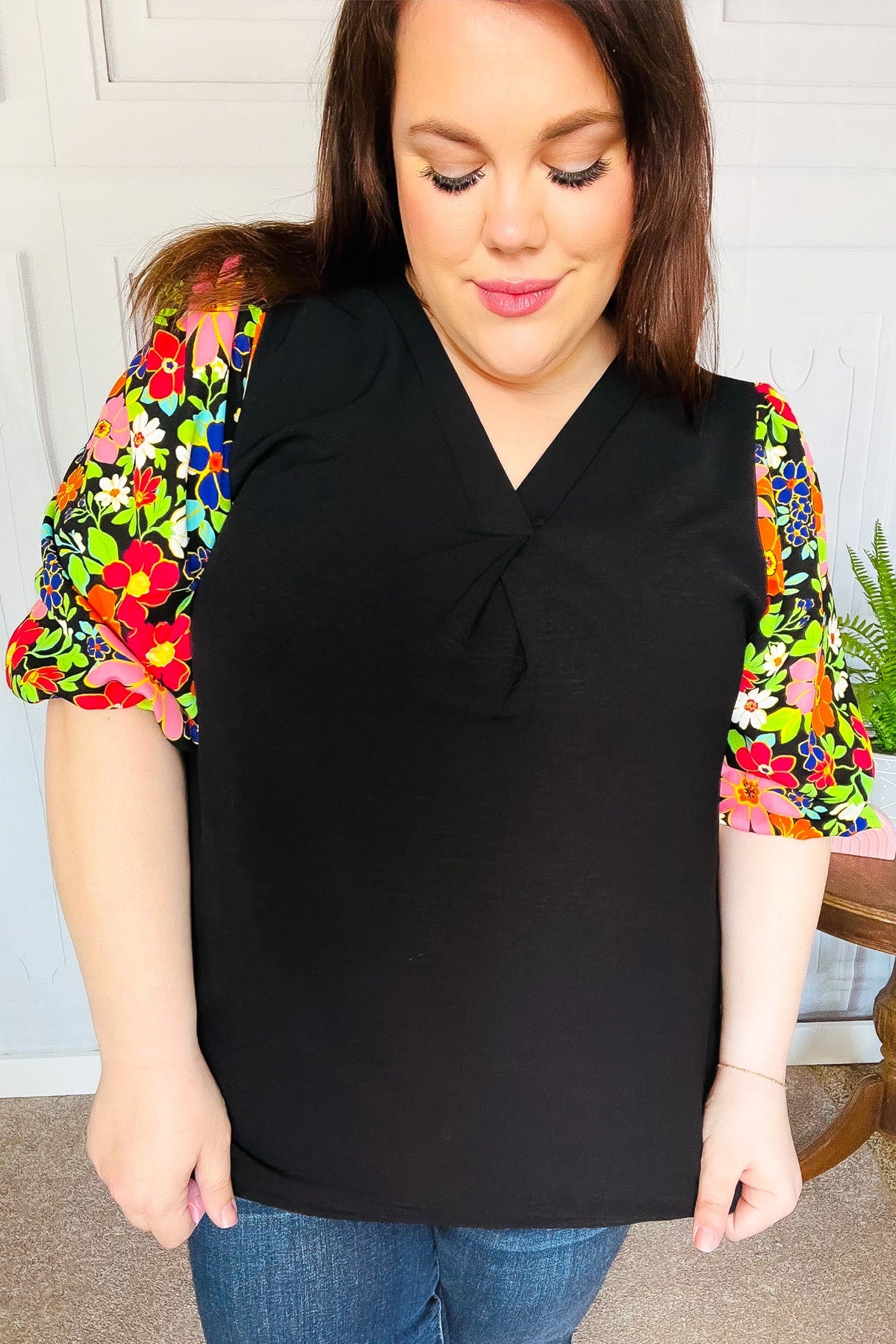 Eyes On You Black Floral Puff Sleeve V Neck Top - Charming Charlie