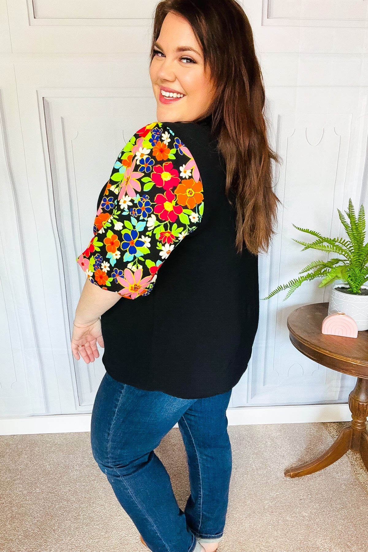 Eyes On You Black Floral Puff Sleeve V Neck Top - Charming Charlie