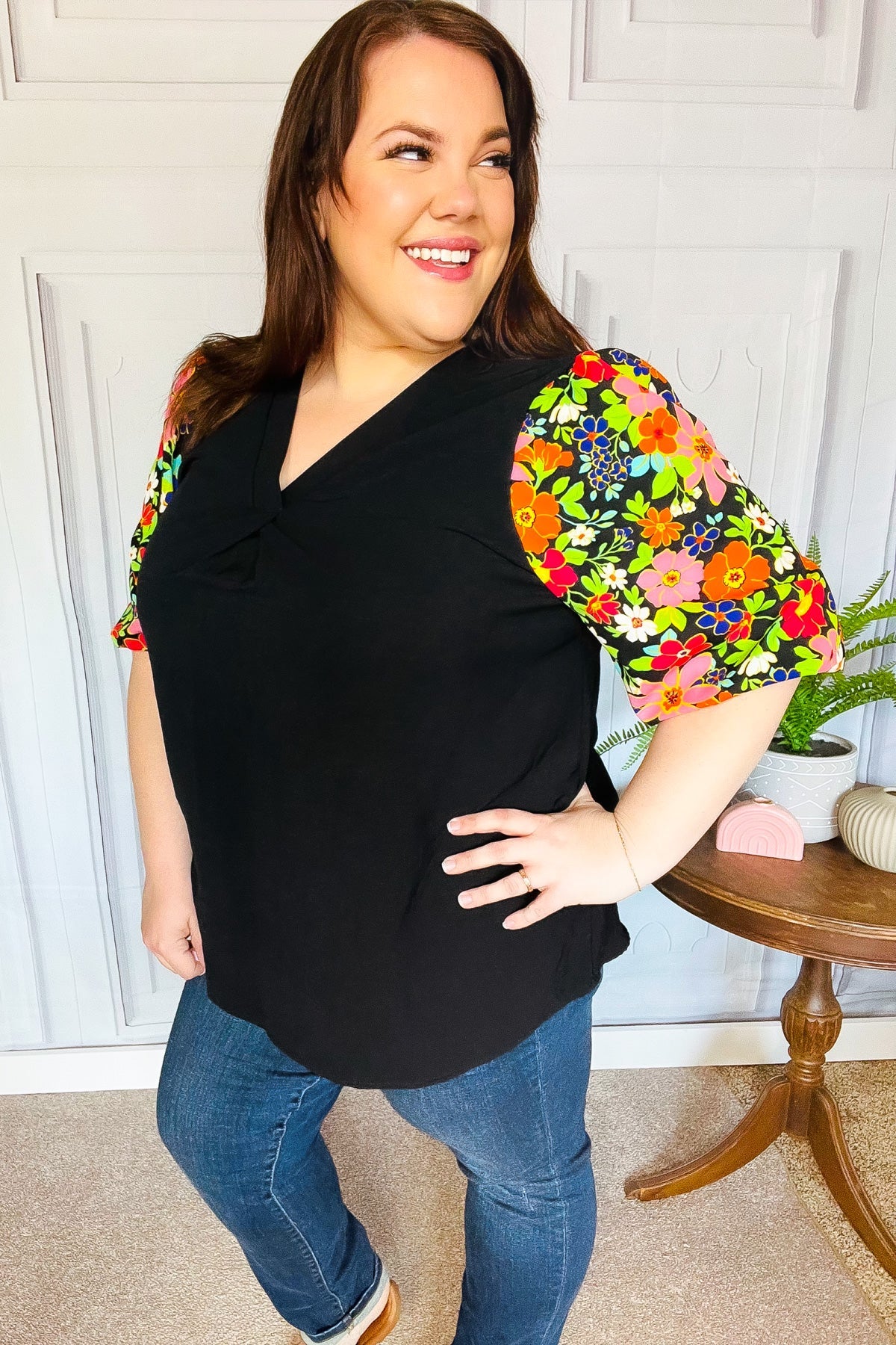 Eyes On You Black Floral Puff Sleeve V Neck Top - Charming Charlie