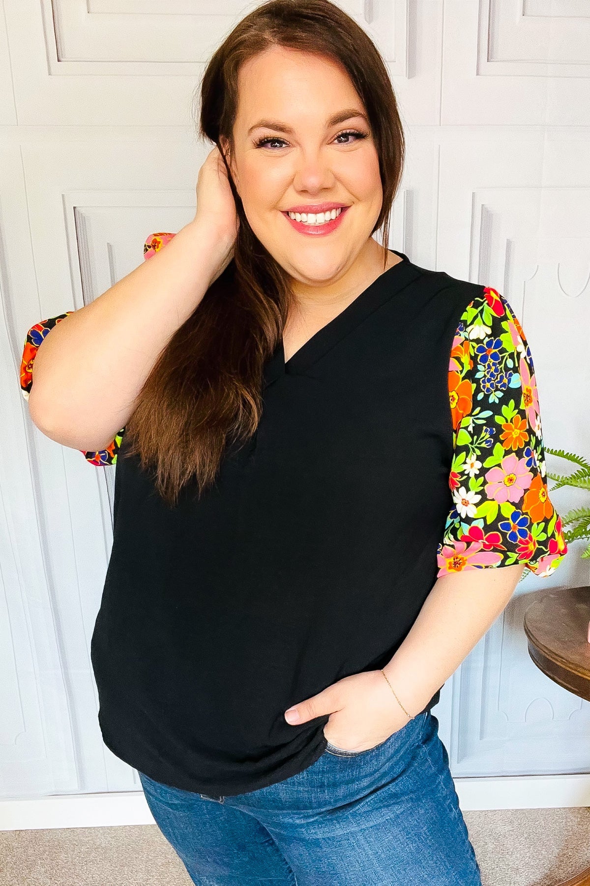 Eyes On You Black Floral Puff Sleeve V Neck Top - Charming Charlie